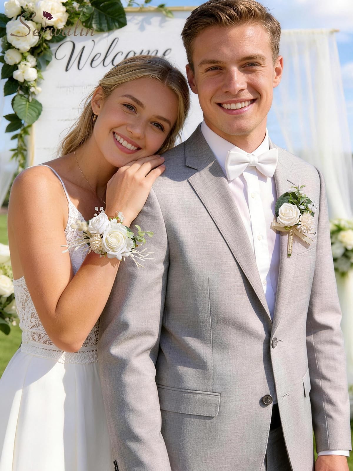 White Rose Corsage Boutonniere Set Men Wristlet Prom Wedding Party Suit Deco