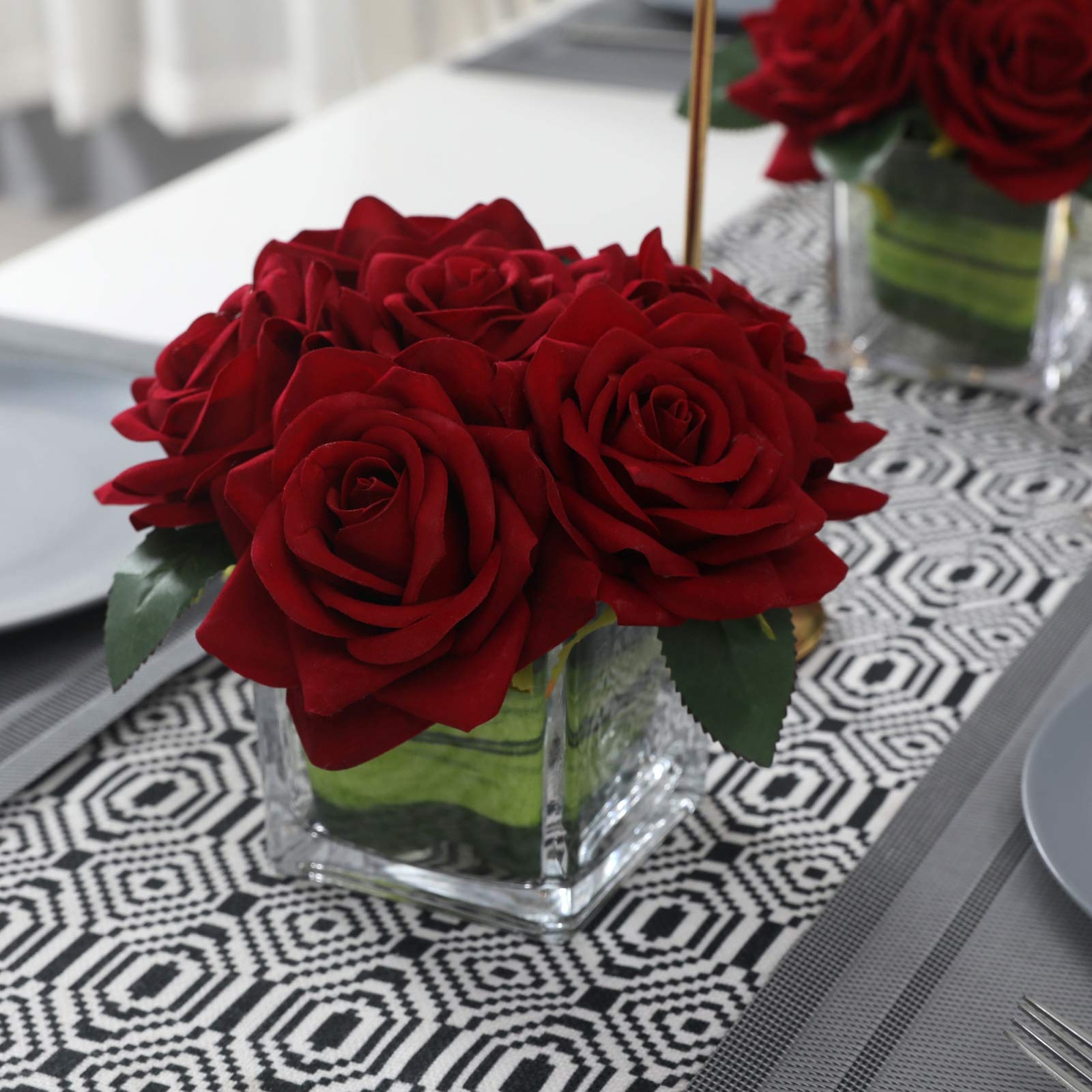 Artificial Velvet Rose Flower Centerpiece Burgundy Arrangement in Vase