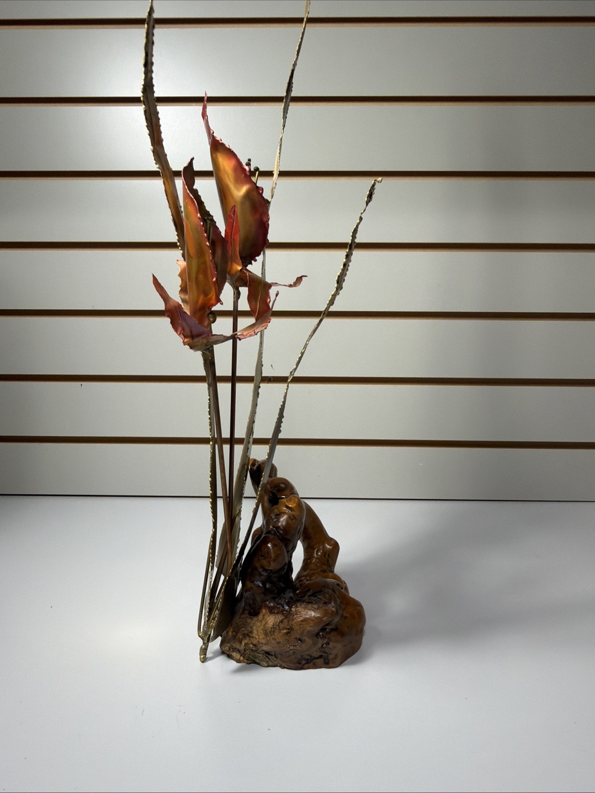 Brutalist Brass Copper Lilies On Burl Wood Stand Mid Century Vintage MCM Floral