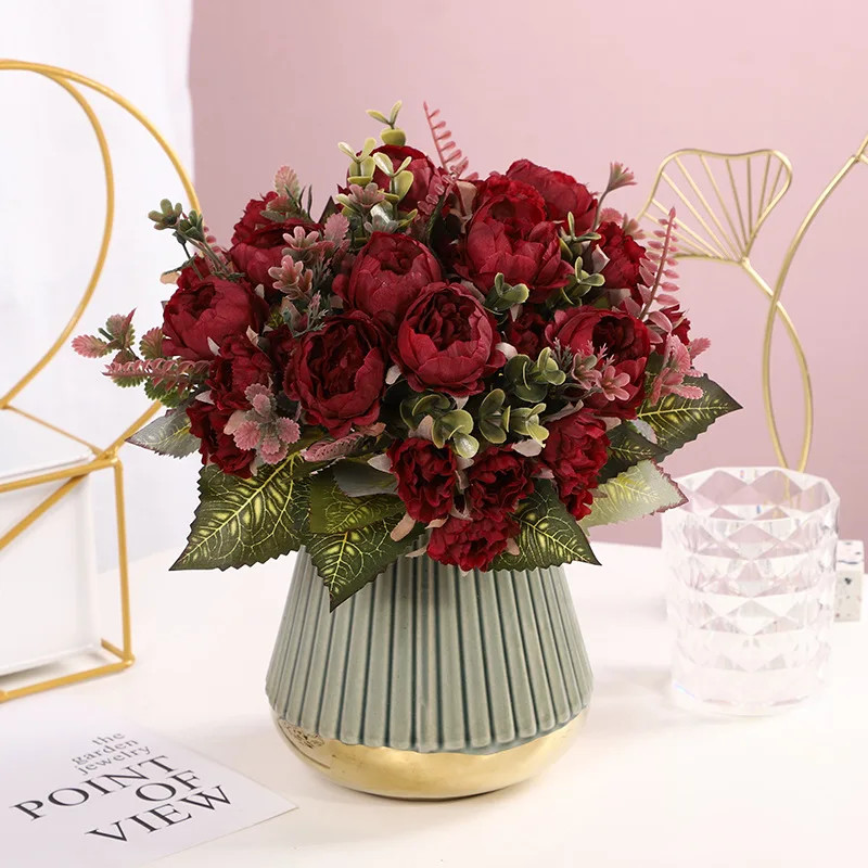 9 Heads Artificial Rose Silk Flowers Wedding Arch Home Living Room Decor