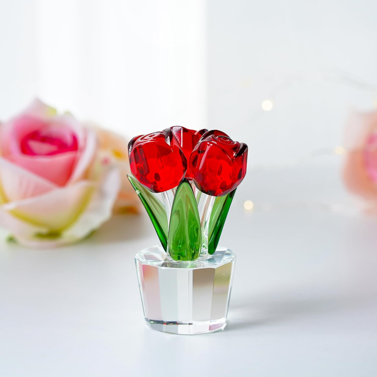 3.2 * 2In Handmade Crystal Red Rose Bouquet Figurine Romantic Rose Flower Gifts