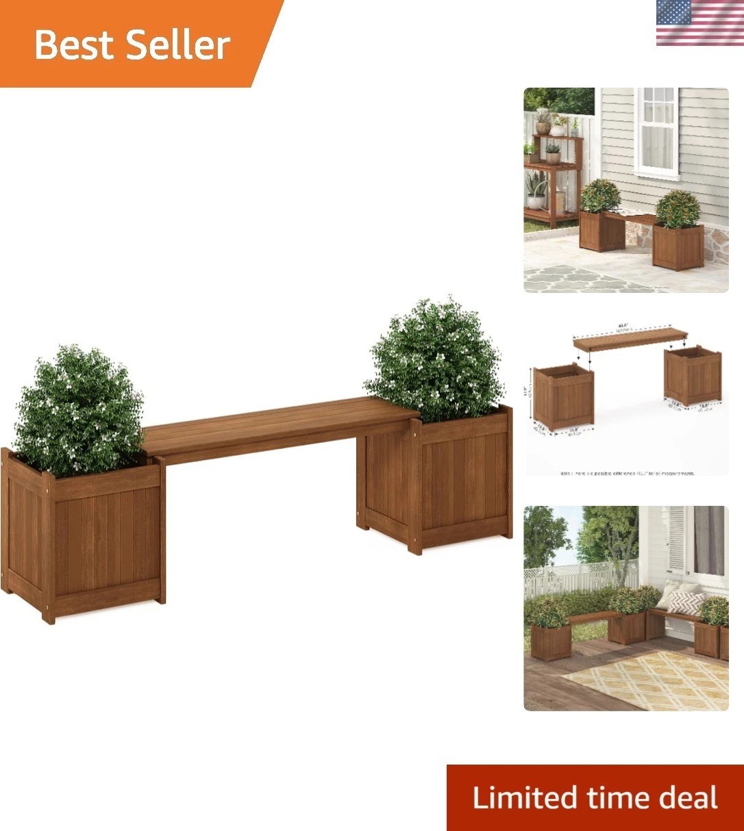 Elegant Tioman Brown Flower Box with Removable Bench – Weather Resistant Design
