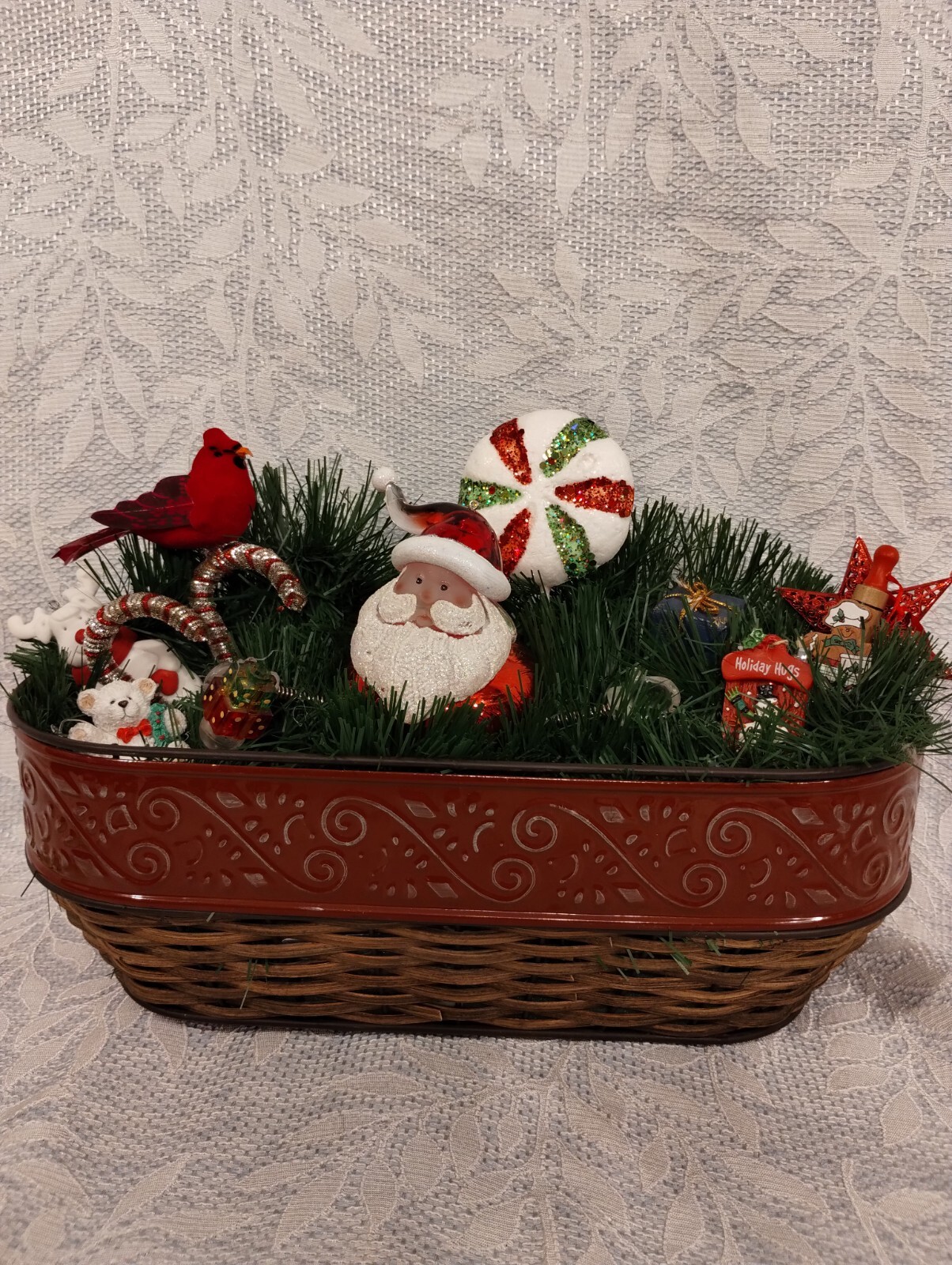 Lovely Hand Made Holiday Christmas Arrangement in Wood And Metal Container