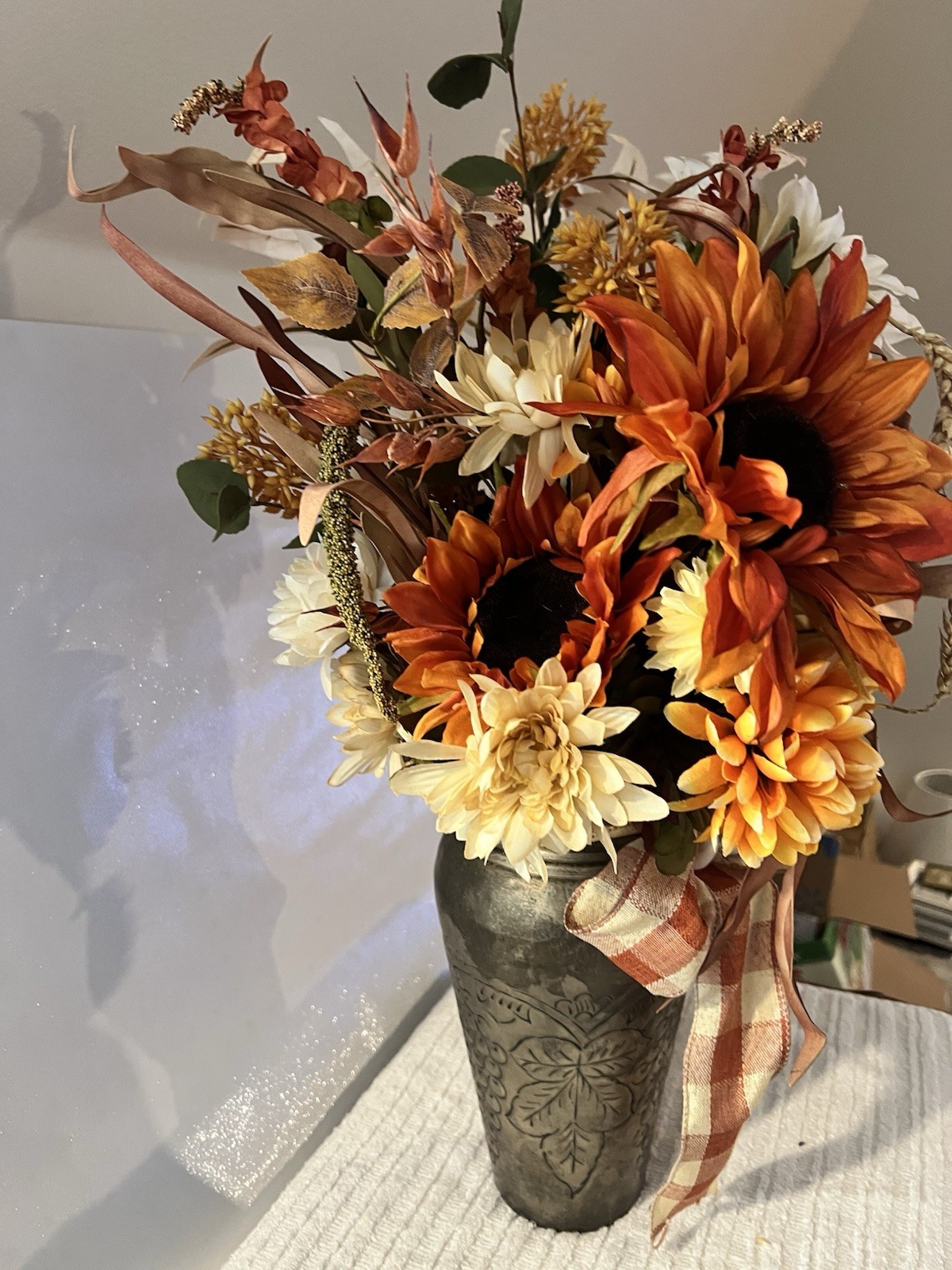 Fall Artificial Arrangement Sunflowers Dahlia Pumpkin Bow 24×18″