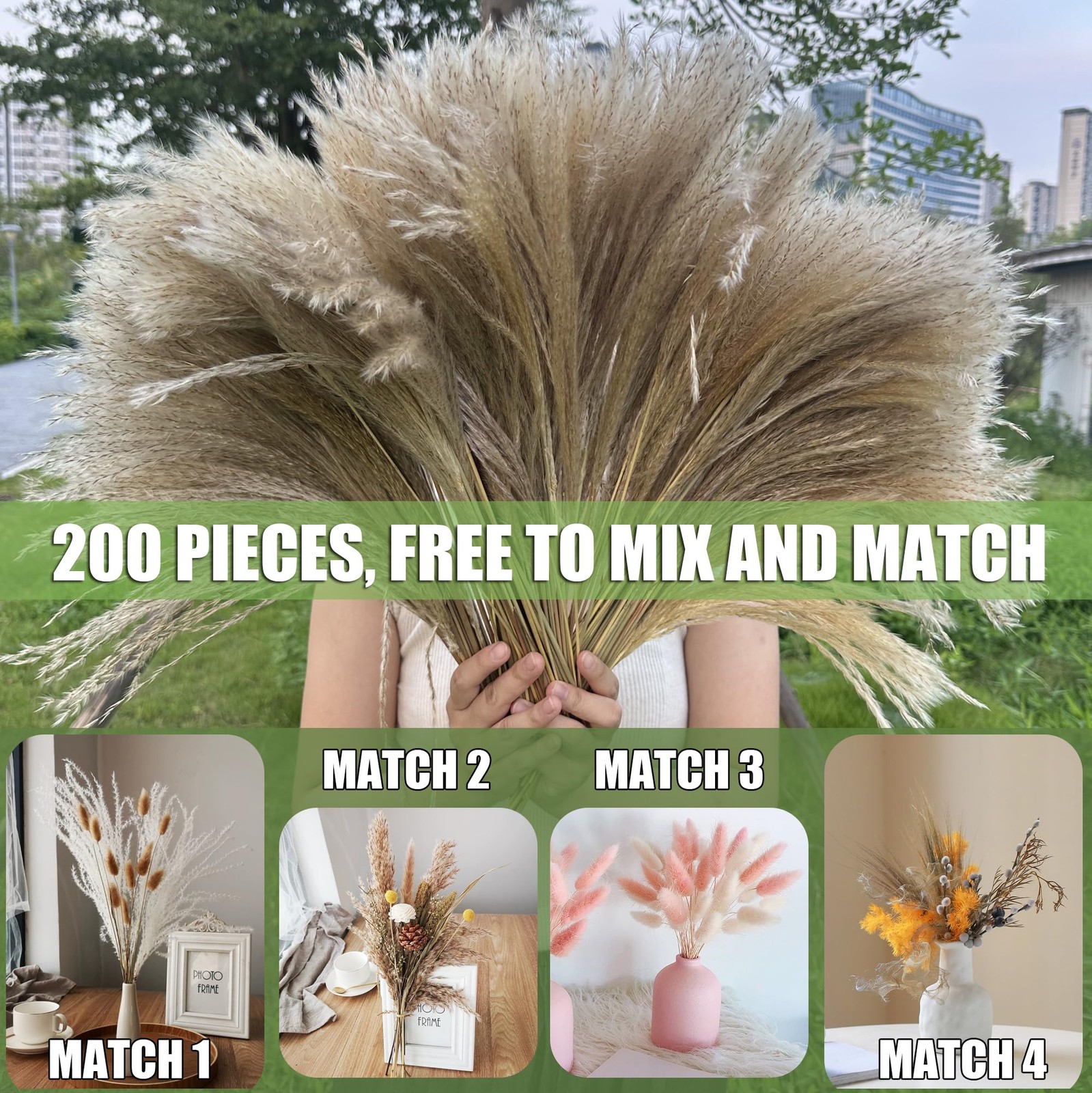 200 PCS Dried Pampas Grass Bouquet, Boho Table Decor,Fall Home Decorations, S…