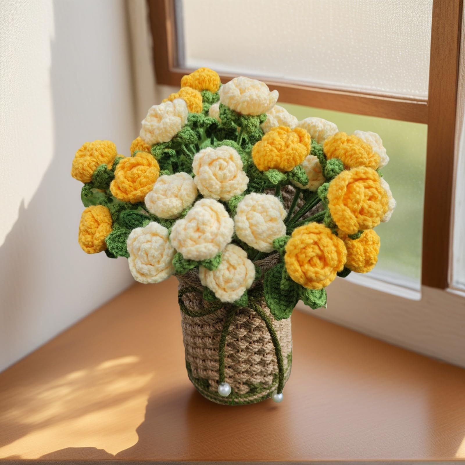 Crochet Red Roses Artificial Flowers Bouquet with Knitted Flower Vase Mothers…