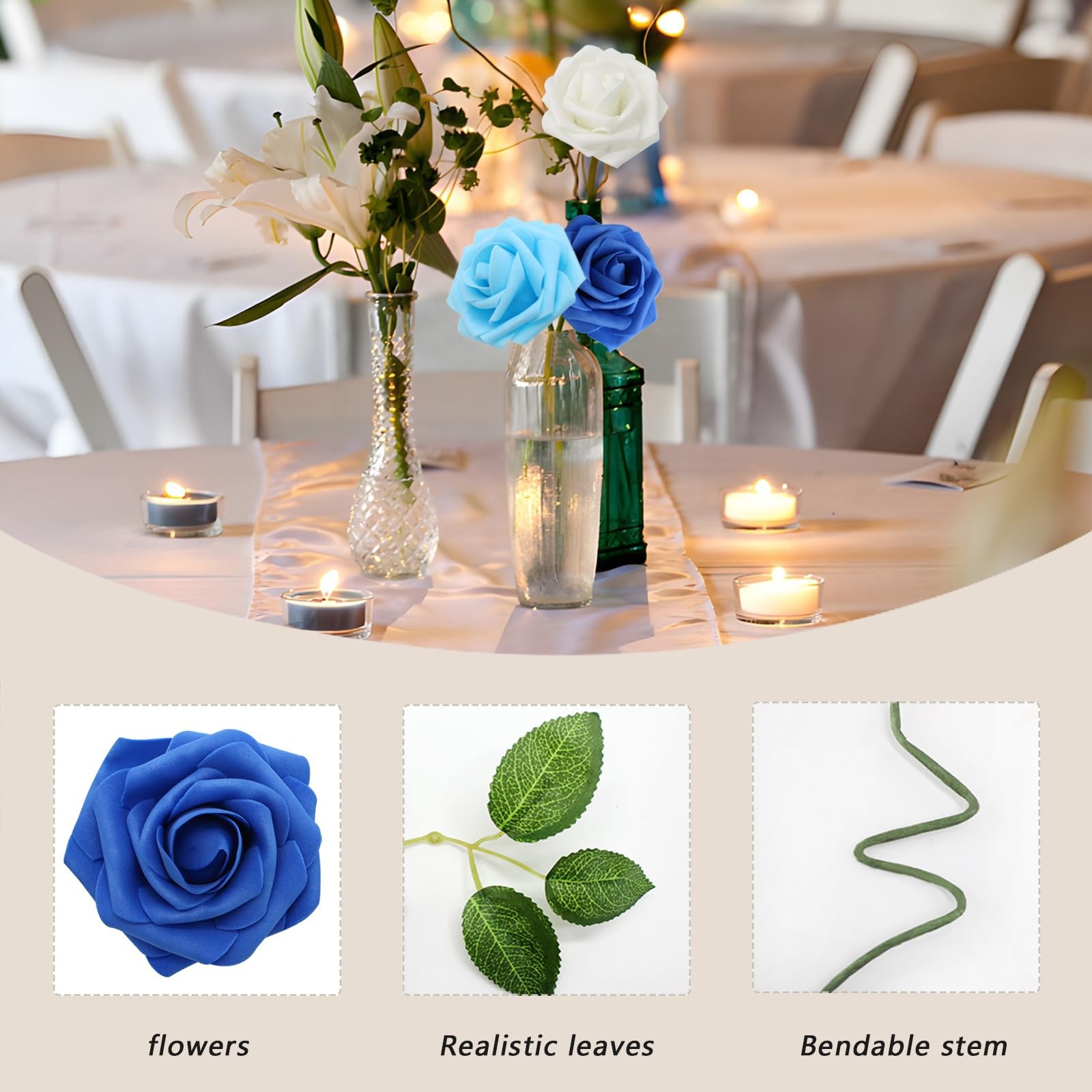 100 Pcs Blue Artificial Roses Real Looking Foam Fake Flowers With Leaves