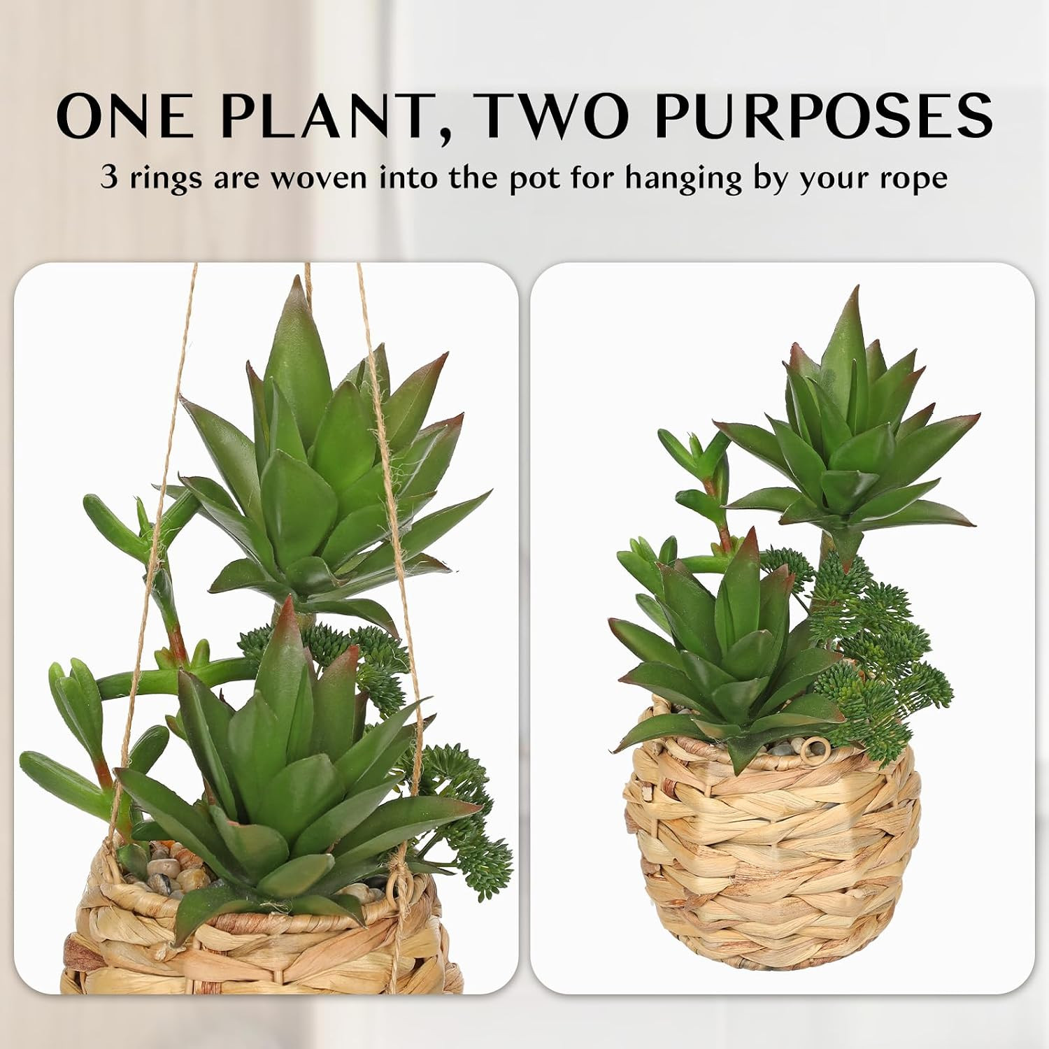 10″ Large Succulents Plants Artificial in Wooden Pots, Fake Succulents in Woven