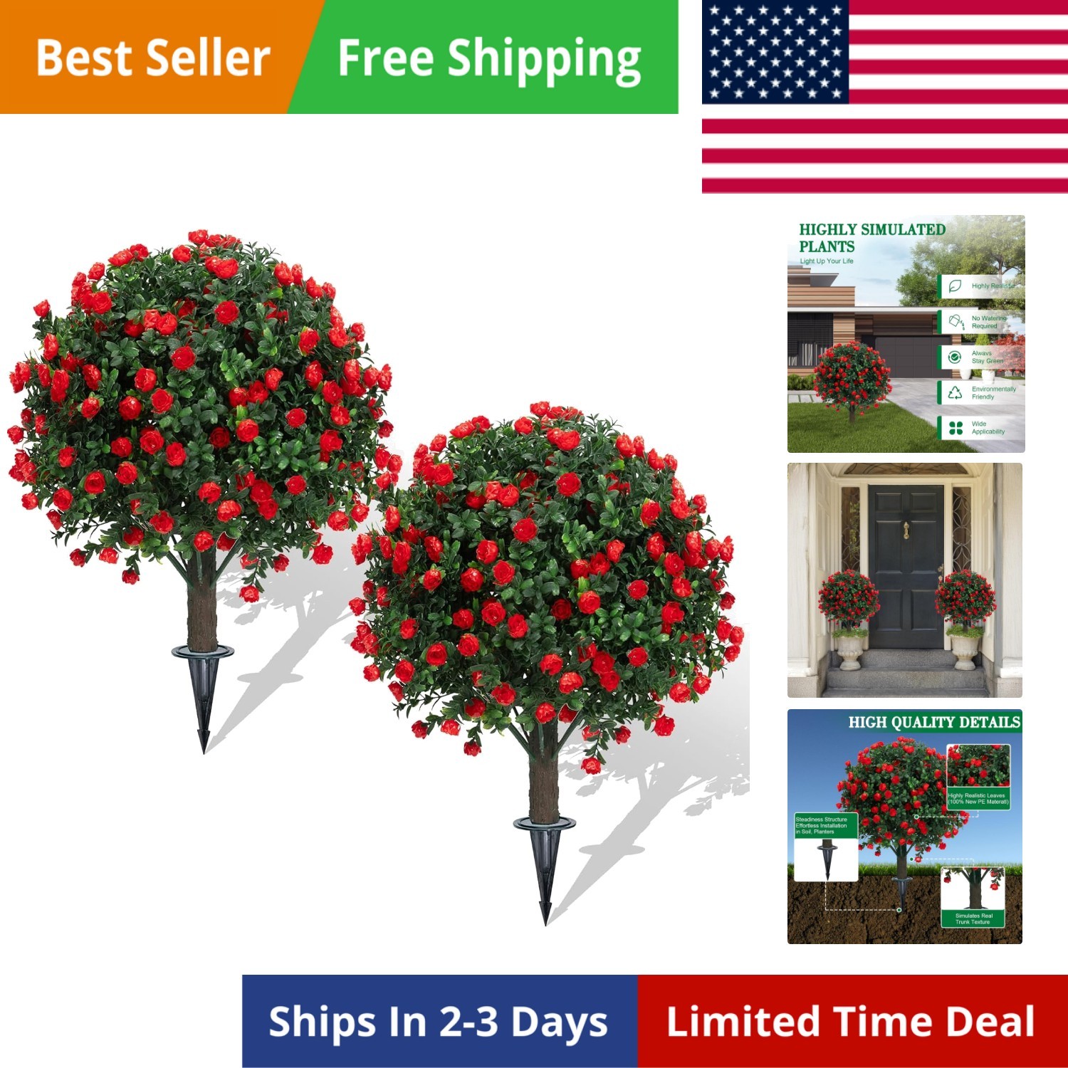 Set of 2 Artificial Boxwood Topiary Ball Trees with Red Flowers for Outdoor w…
