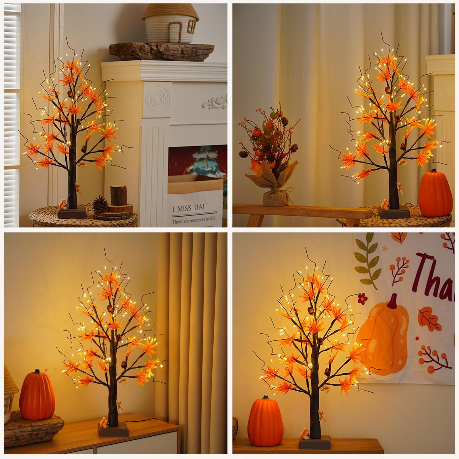 24” 72 LED Fall Decorations for Home, Birch Tree Lighted Fall Maple Leaves Ar…