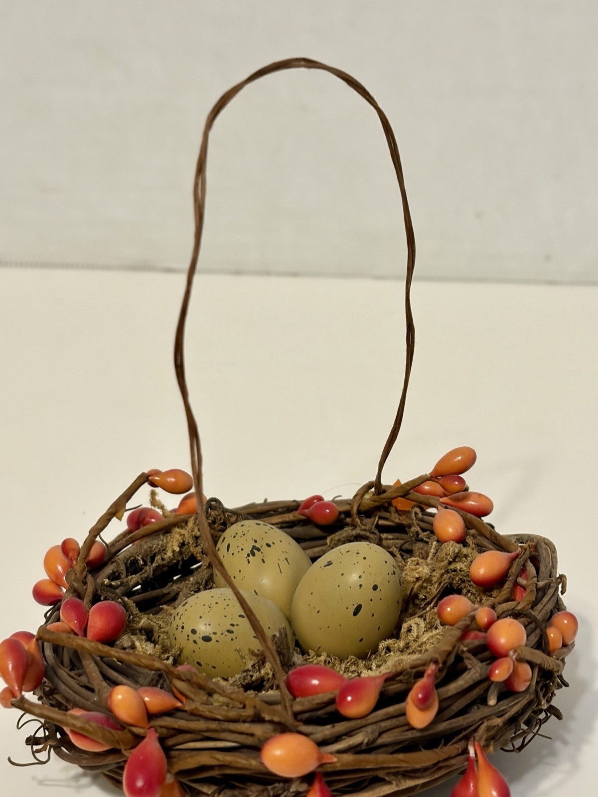twig bird nest basket featuring faux eggs, , and moss Easter Decor Eggs Nest Vtg