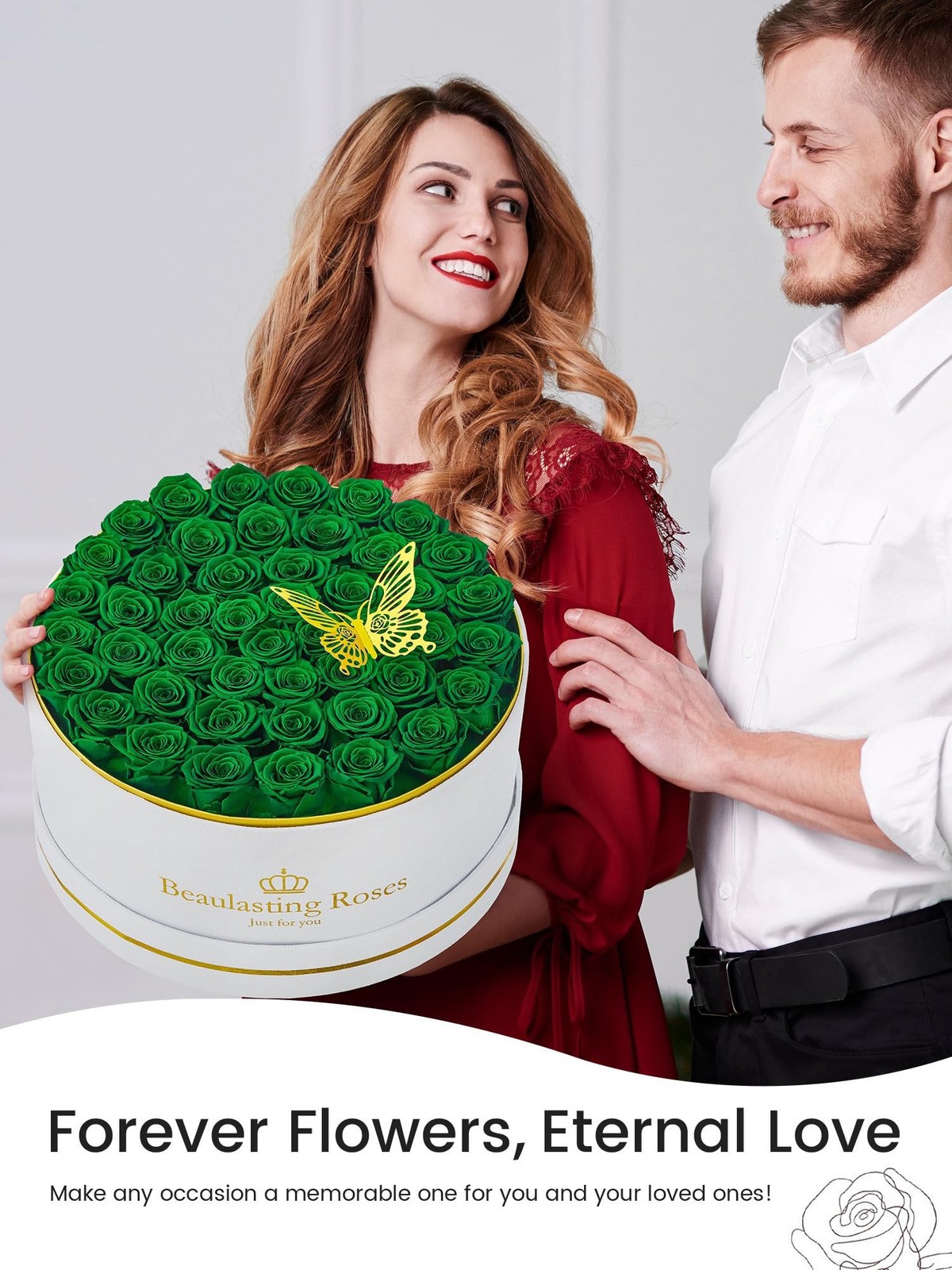Beaulasting 47 Preserved Green Roses in a Box