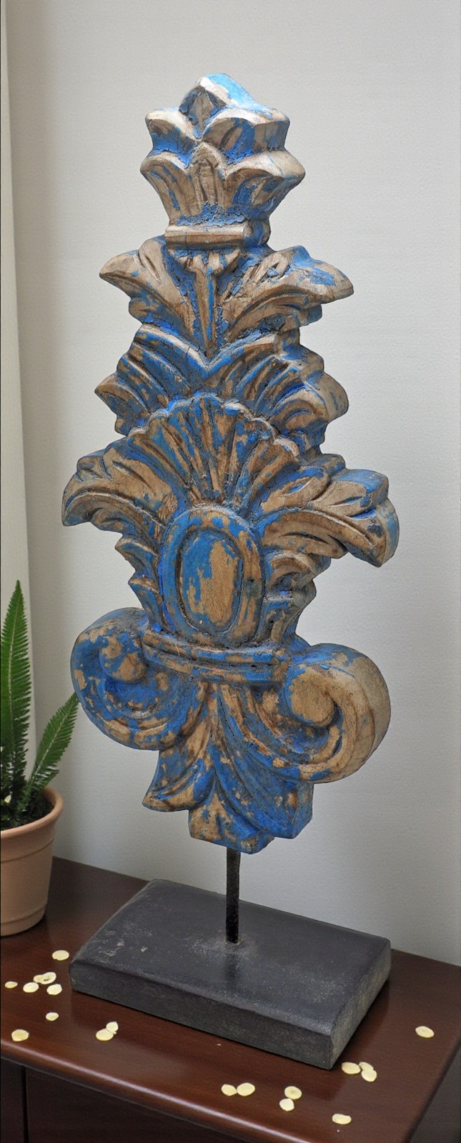 Hand Carved Wooden Flower Carving Panel Plaque on Stand Rustic Blue Painted