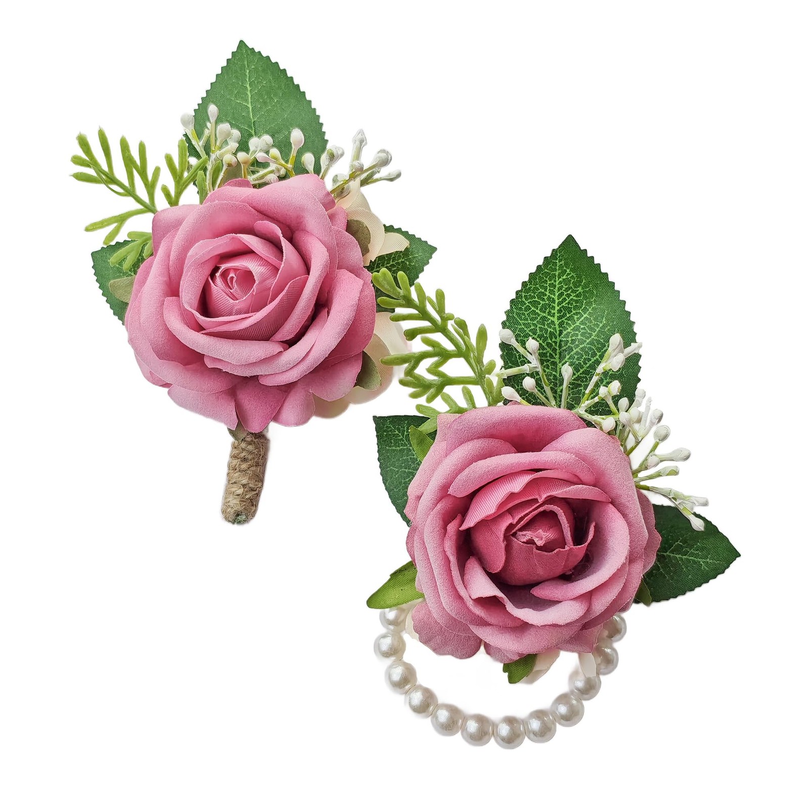 Pink Rose Corsage Boutonniere Set Wristlet Bride Bridesmaids Prom Wedding