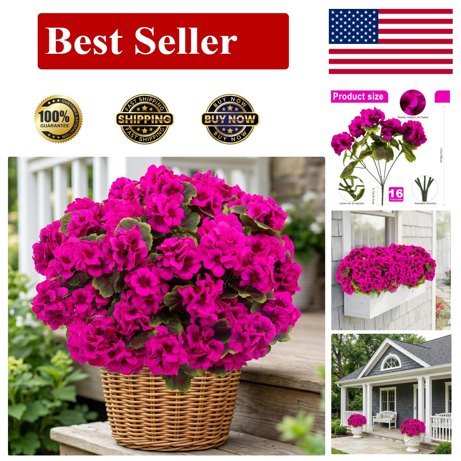 Realistic 16 Pcs Silk Geraniums for Indoor Outdoor Decoration – Rose Red Charm