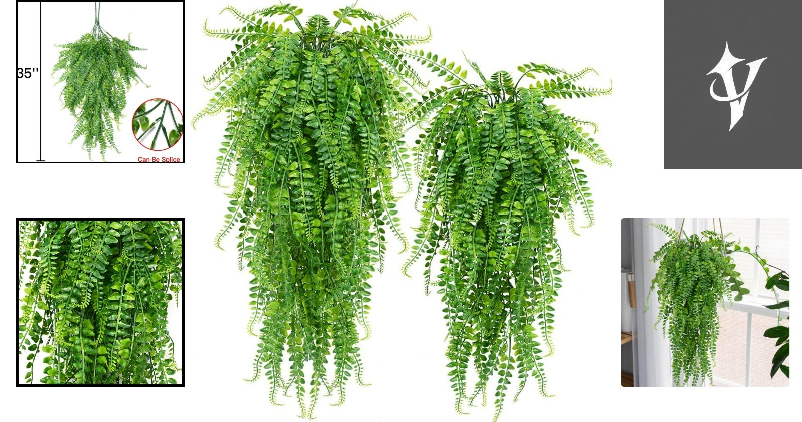 Faux Boston Ferns Indoor/Outdoor – 2 Pack of UV Resistant Hanging Plants