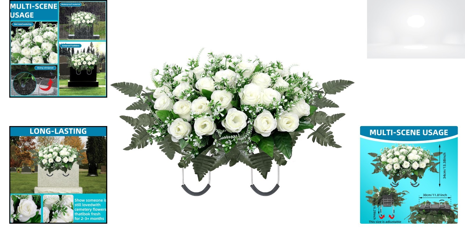 Headstone Flower Saddle Large White Artificial Roses for Cemetery Grave Decor