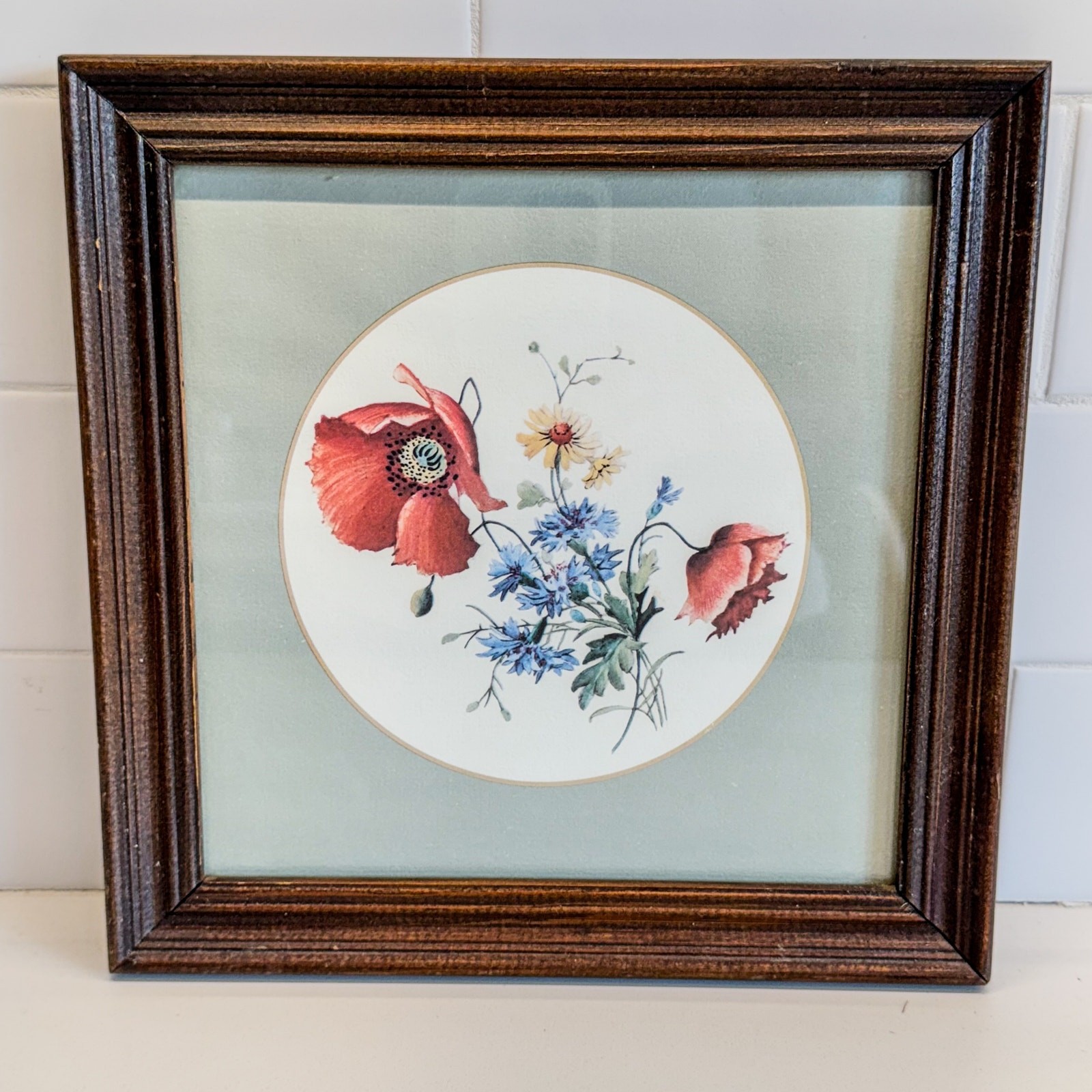 Vintage Wooden Framed Botanical Red Poppy & Wildflower Print w/ Matte, 9.5″