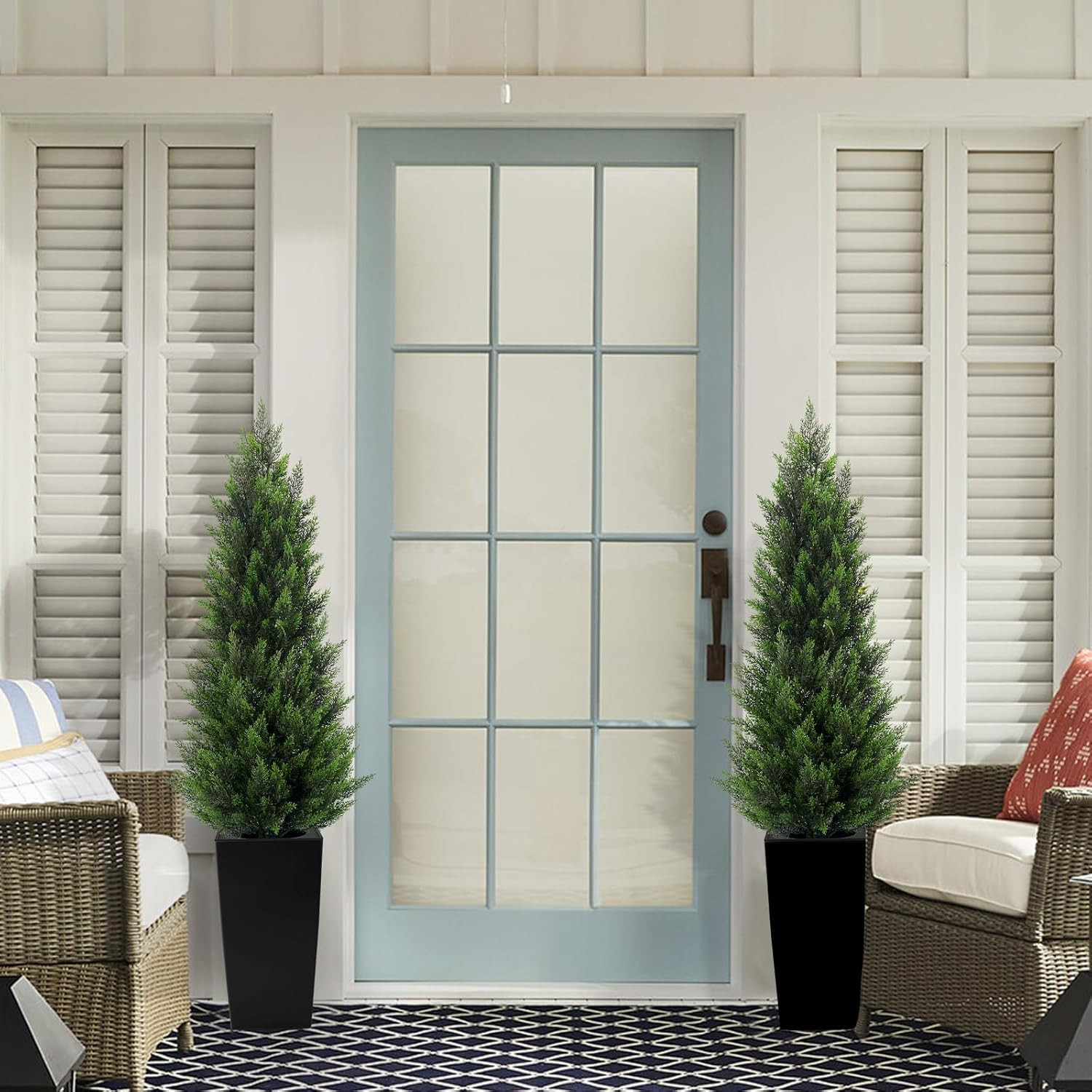 5FT Tall 2 Pack Artificial Cedar Topiary Trees with Compact Pyramidal Shape, Rea