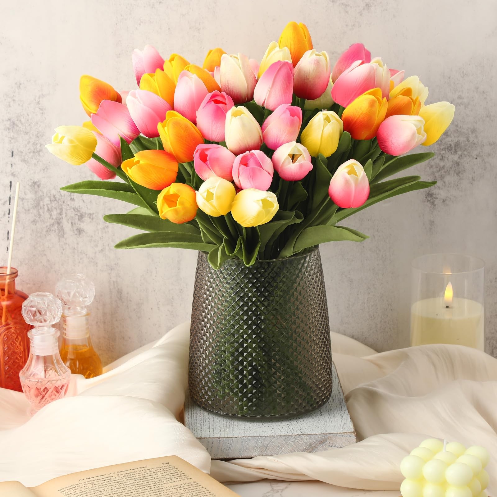 64pcs Multicolor Artificial PU Tulips, Faux Latex Bouquet, Centerpiece, Decor