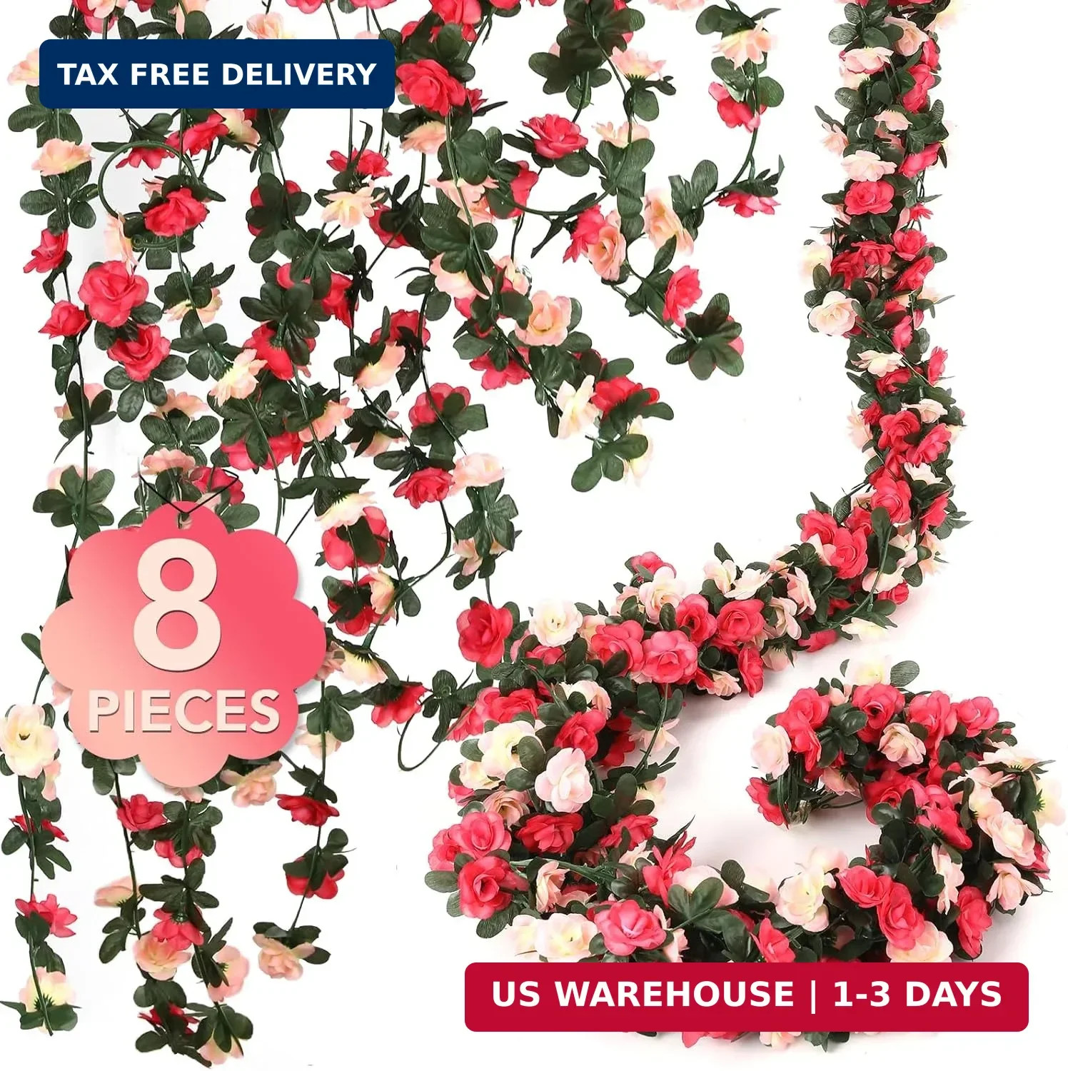 8 Pcs 65.6FT Flower Garland,Rose Garland,PinkFlower Vines for Decoration, Weddin