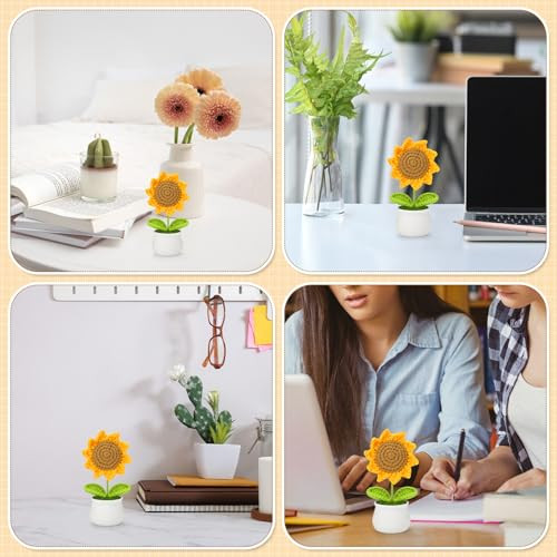 Crochet Flowers Artificial Sunflower for Office Desk Car Dashboard Decor,