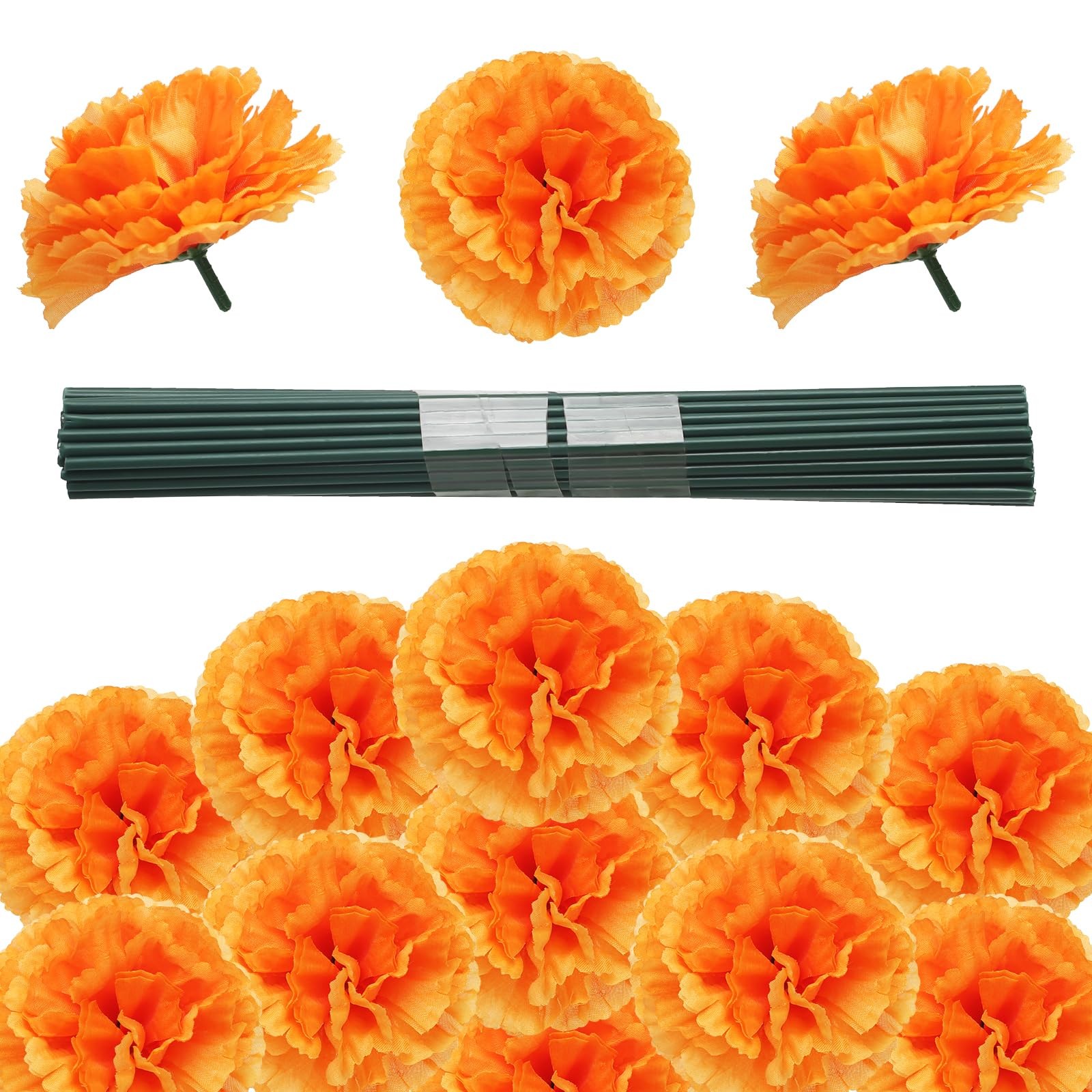 50Pcs 3.5”Marigold Flowers Artificial Silk Marigold Flowers with Stems Orang…
