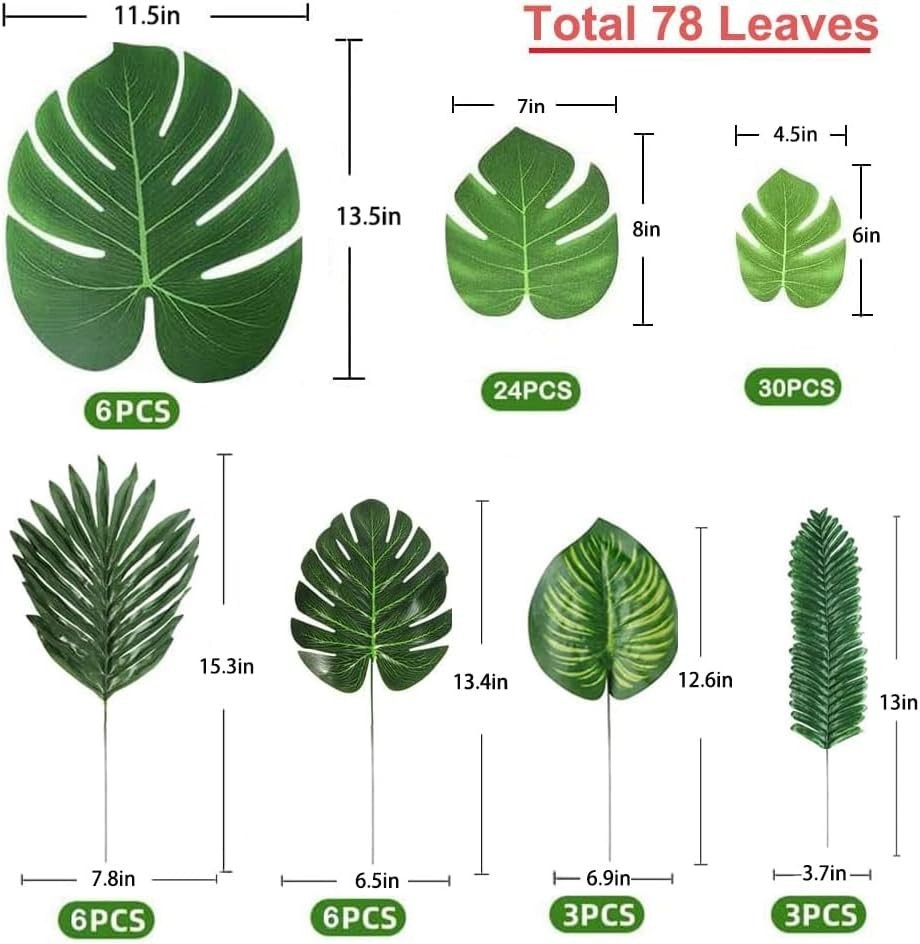78 Pieces 7 Kinds Artificial Tropical Leaf Jungle Leaves Plant Safari Leaves Dec