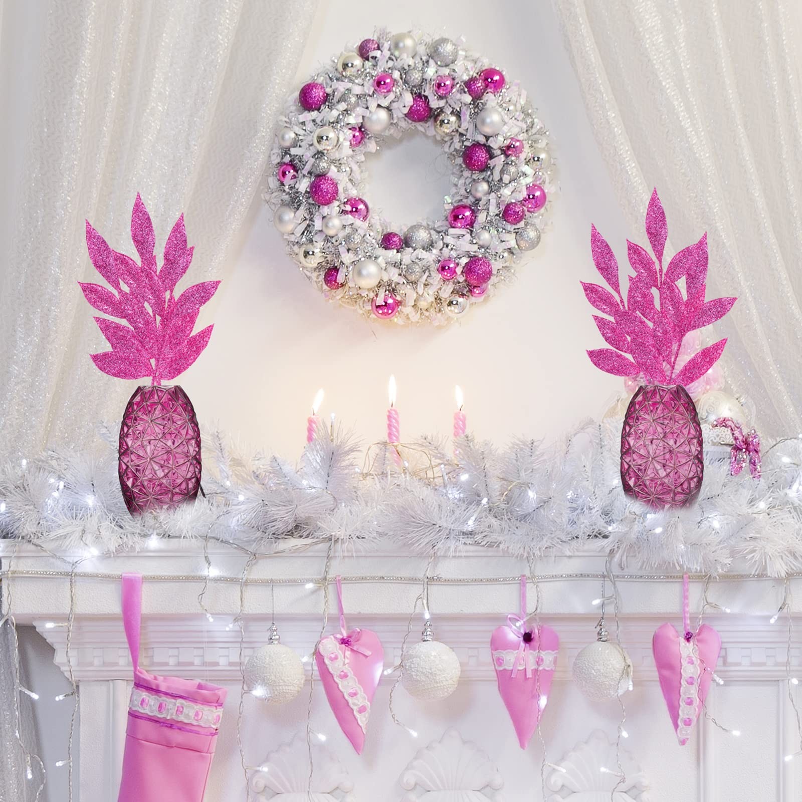 20 Pcs Pink Glitter Bay Leaf Sprays Artificial Christmas Tree Picks 12.7 Inch