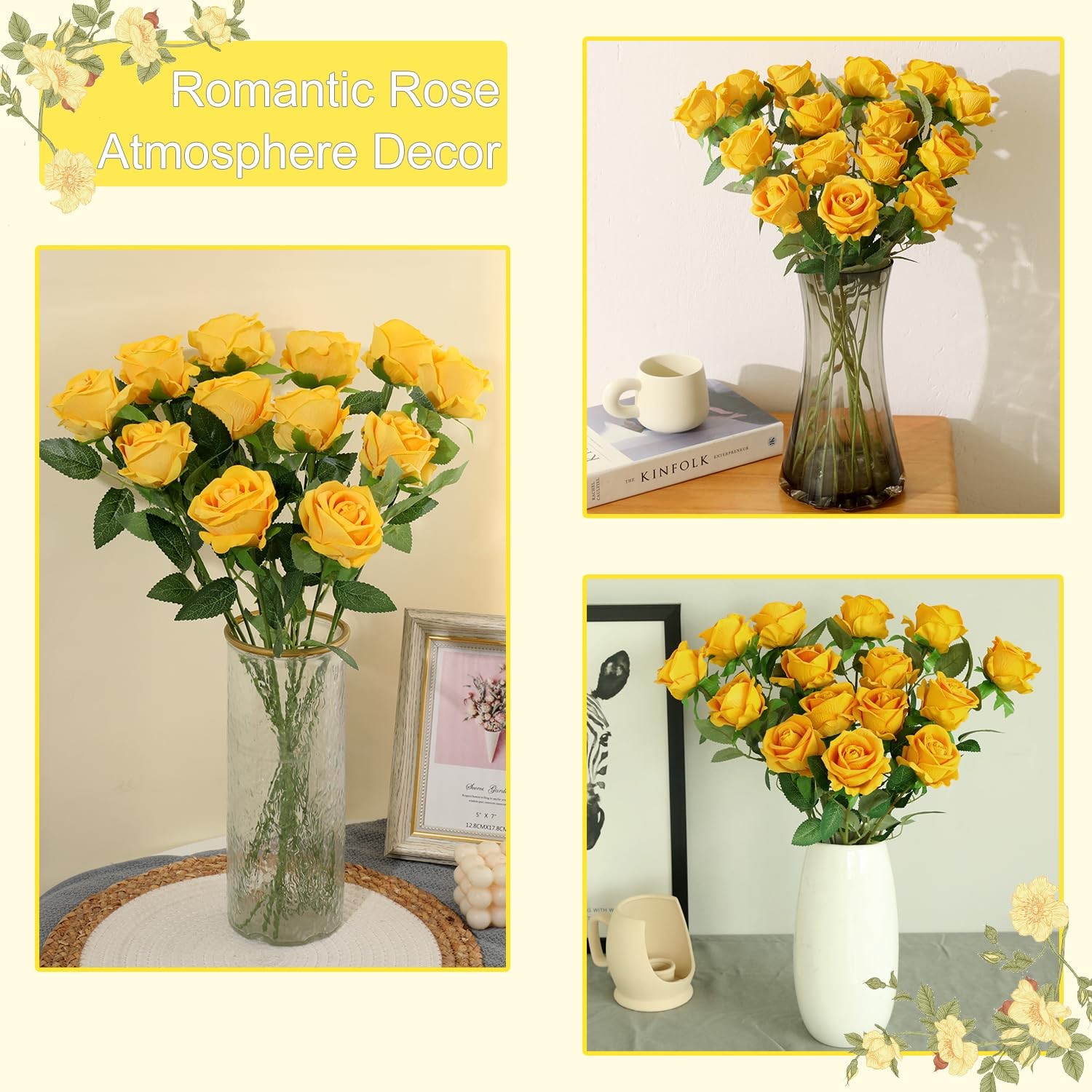 12 PCS Yellow Pearl Artificial Roses Fake Velvet Silk Flowers Wedding Home