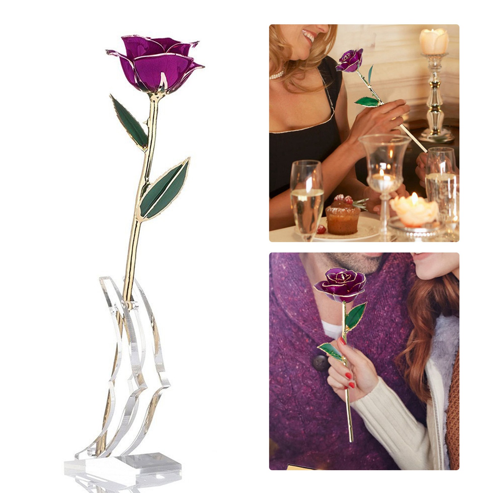 Real Purple Rose 24K Gold Dipped Preserved Flower Gift For Anniversary
