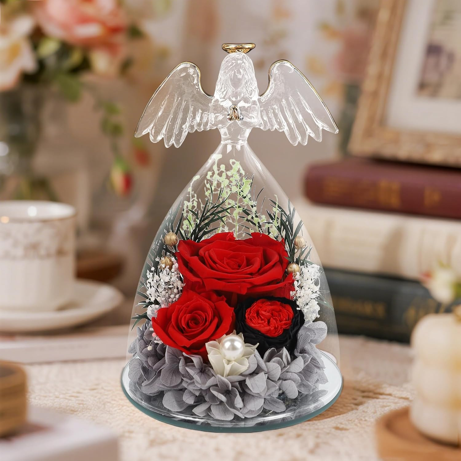 Gifts for Women Mom-Preserved Roses in Glass Angel Figurine, Forever Fresh Flowe
