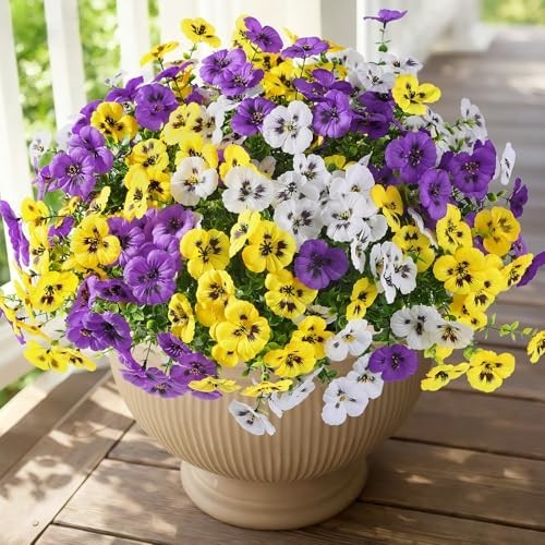 24 Bundles Artificial Pansies Flowers UV Resistant Waterproof Silk Eucalyptus