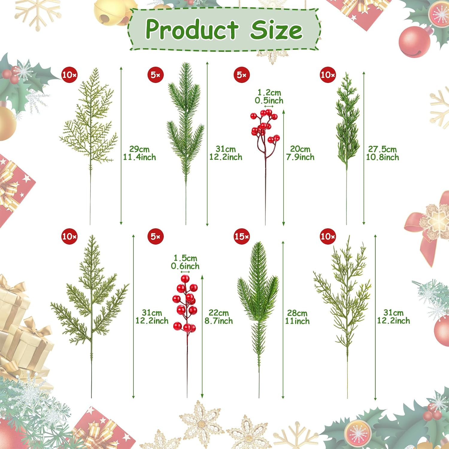 70 PCS Artificial Pine Branches with Berries, Christmas Greenery Fake Pine Needl
