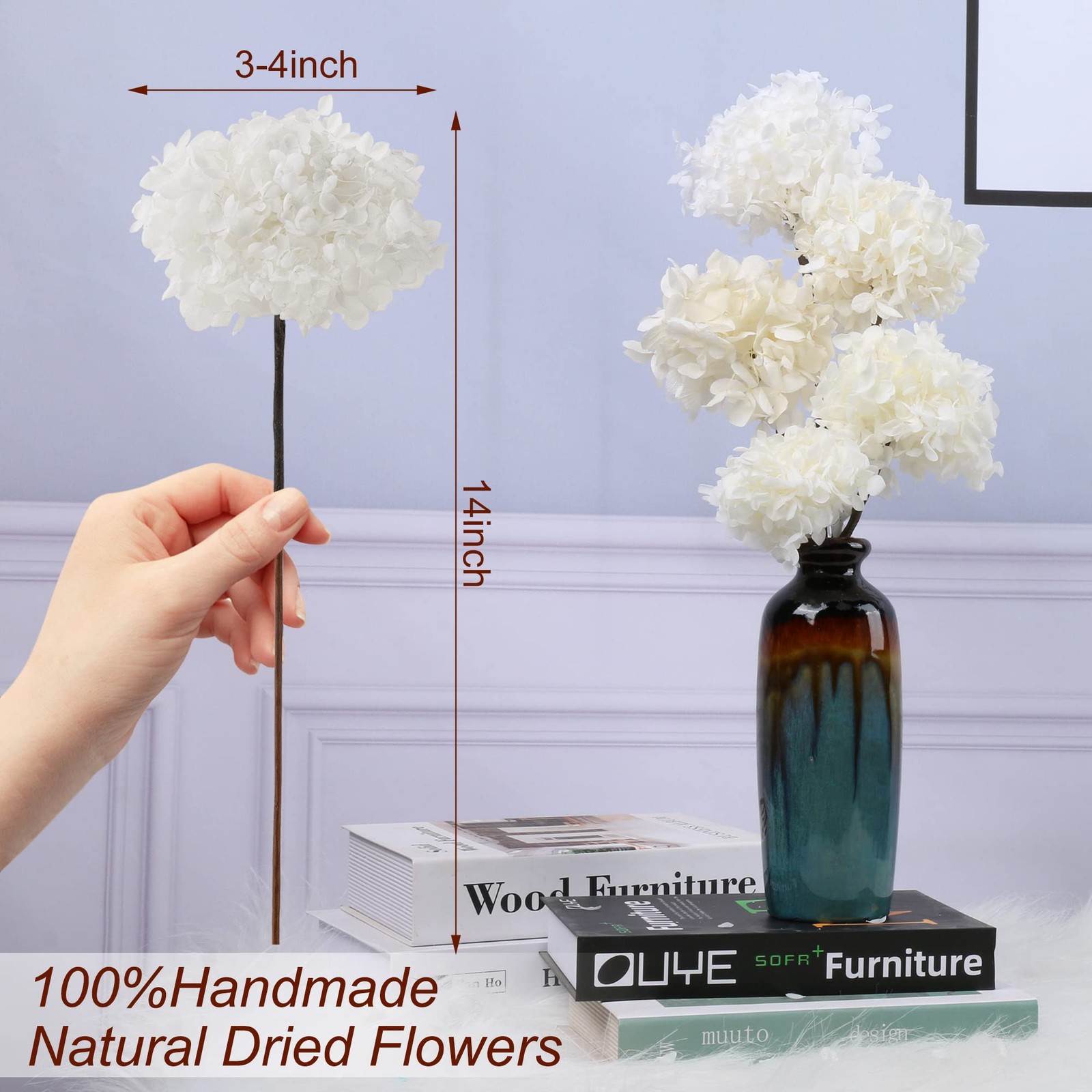 5 PCS Dried Preserved White Hydrangea Flowers – Length 14” Corolla Size 3”-