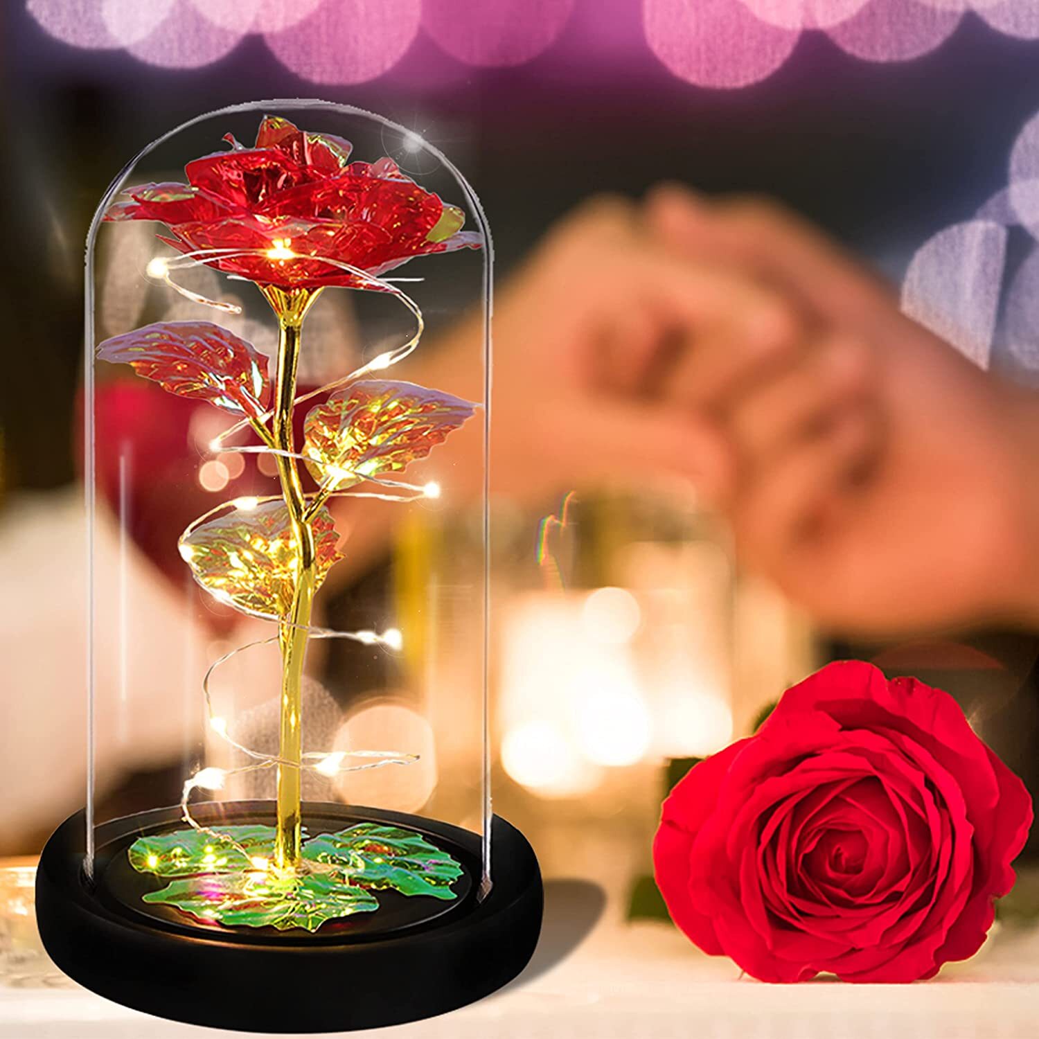 Preserved Eternal Rose In Glass Galaxy Flower Dome LED Light Mothers Day Gifts