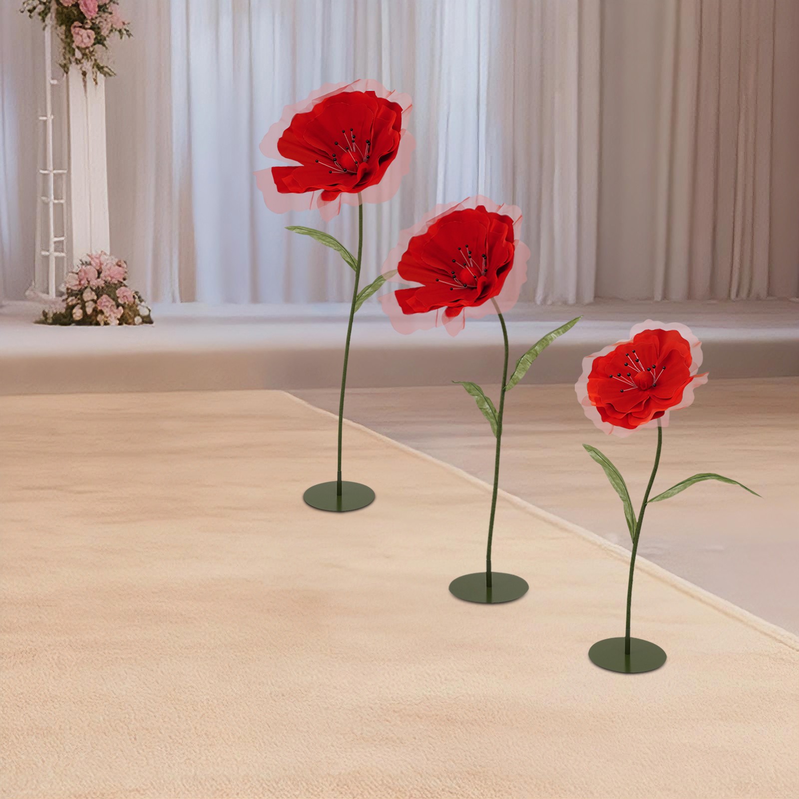 3pcs Artificial Flowers Adjustable Wedding Parties Flowers Background Decor Red