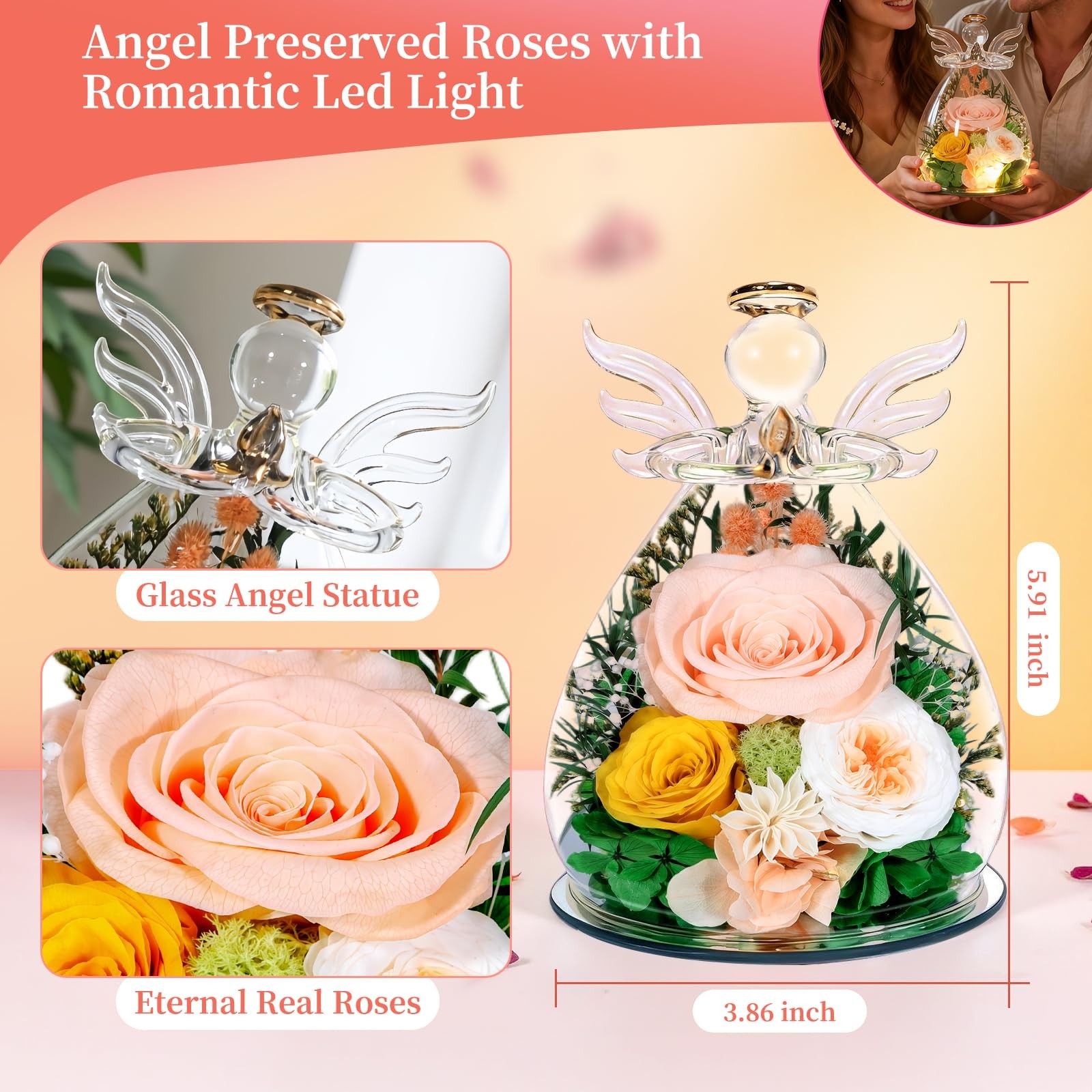 Preserved Rose Gifts for , Forever Flowers Eternal Roses in Glass Angel Figur…