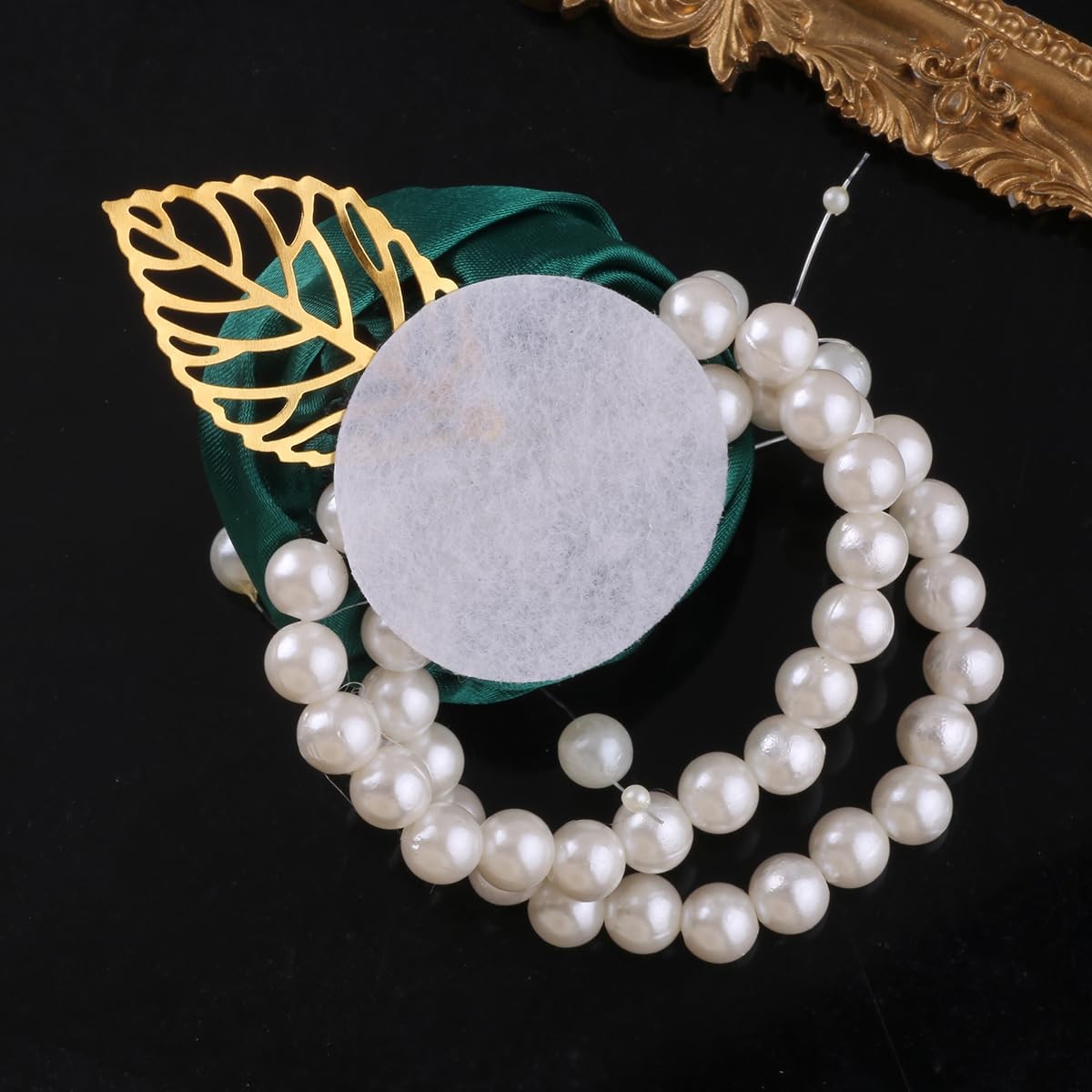 5 PCS Pearl Beaded Satin Wrist Corsage Artificial Flower Emerald Green