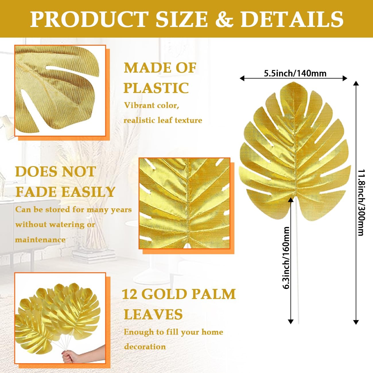 10 Pcs Artificial Gold Palm Leaves Tropical Party Leaves Table Wall Decoration