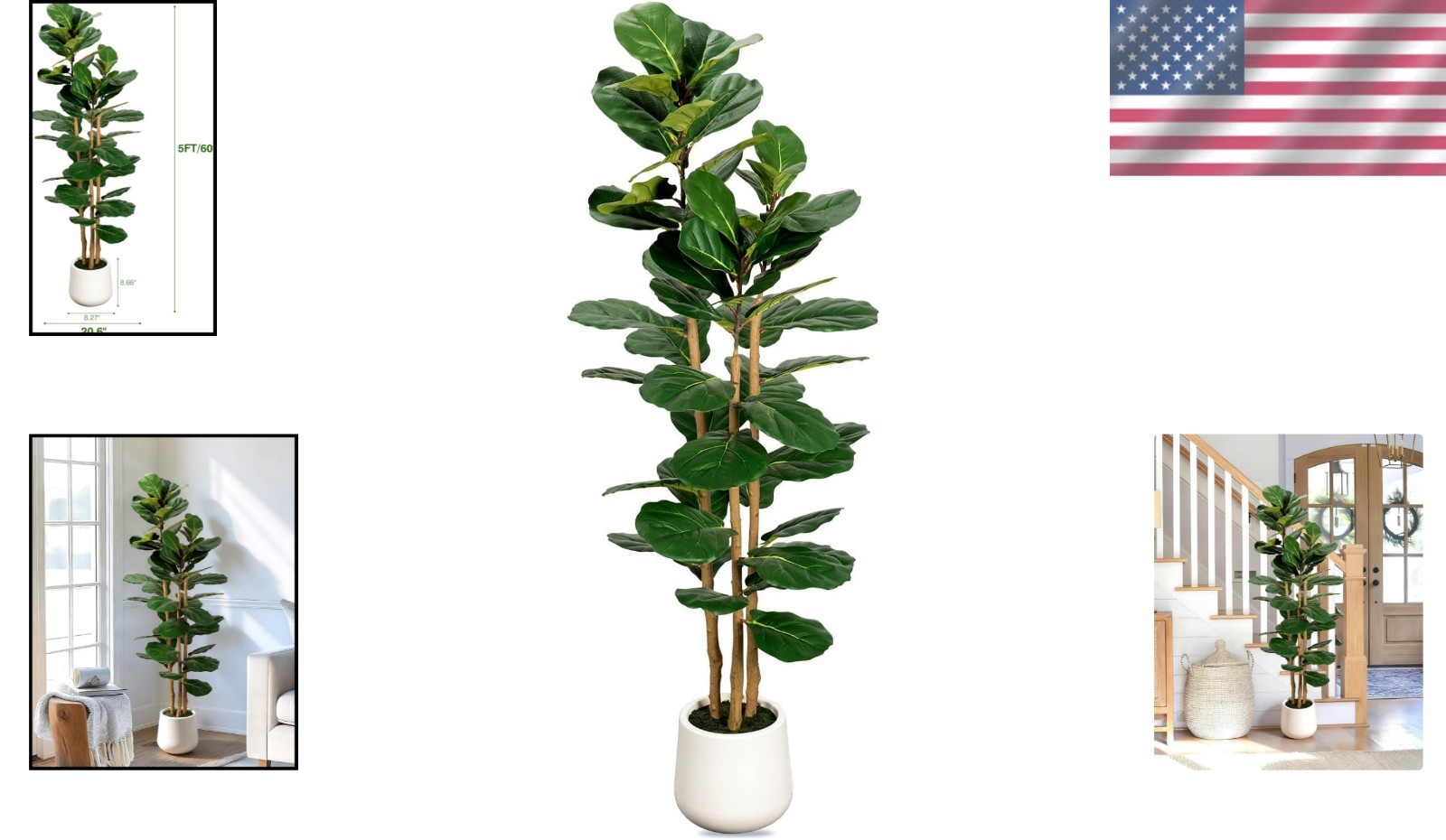 Artificial Fiddle Leaf Fig Tree Indoor Faux Plant with White Planter 5ft