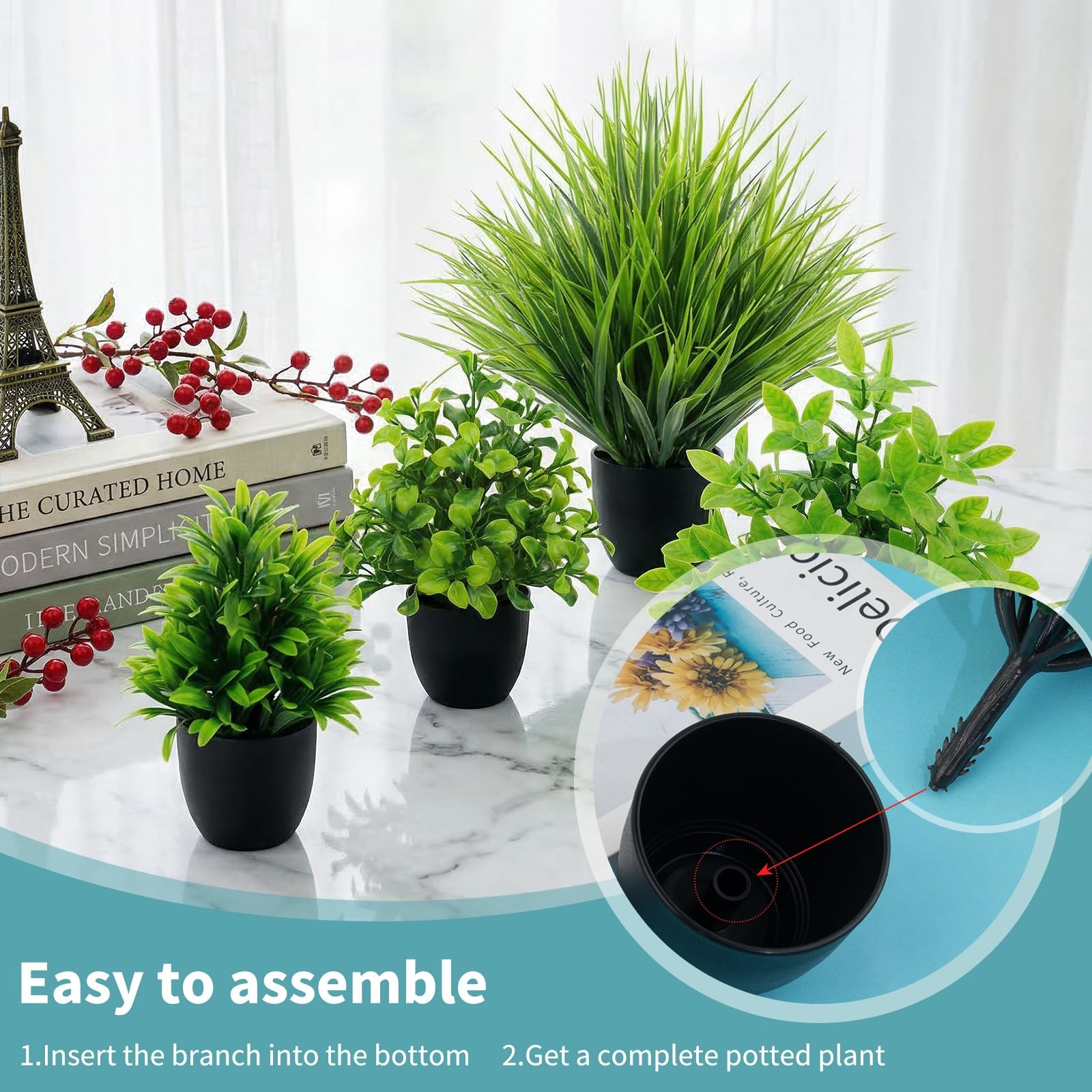 4 Pack Mini Fake Plants Small Artificial Greenery Potted Plants in Black Pots…