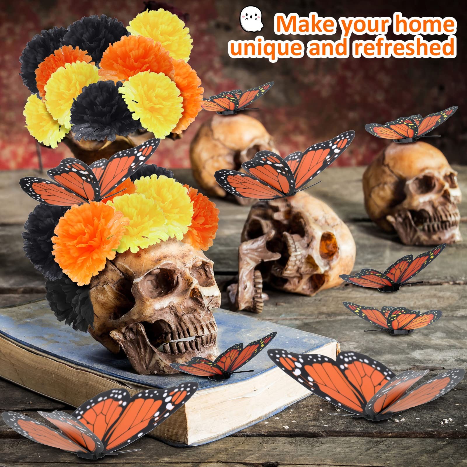 80 Pcs Artificial Marigold Flowers Monarch Butterfly Decorations Kit Dia De L…