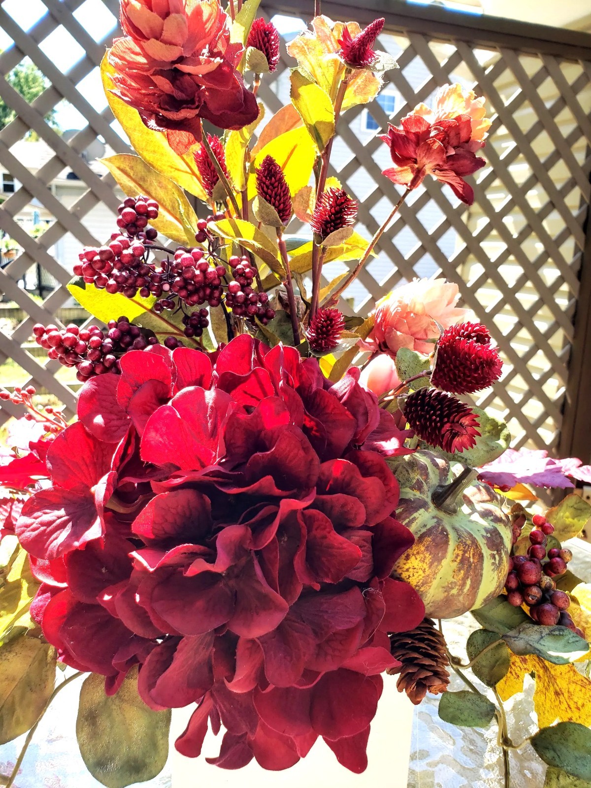 Fall Floral Arrangement, Burgundy Red Hydrangea Pumpkin Decor