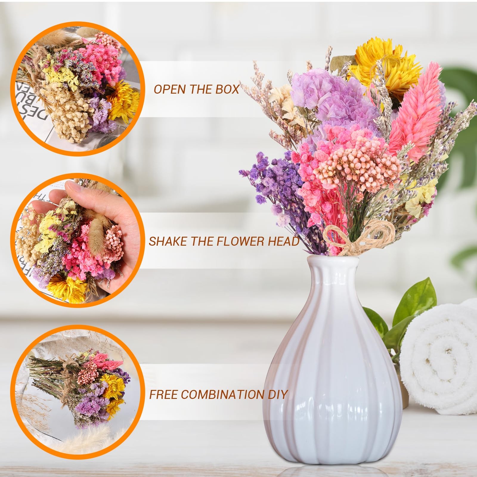 10 Pack Mini Dried Flower Bouquets with Stem, Natural Embossed Floral Bundles