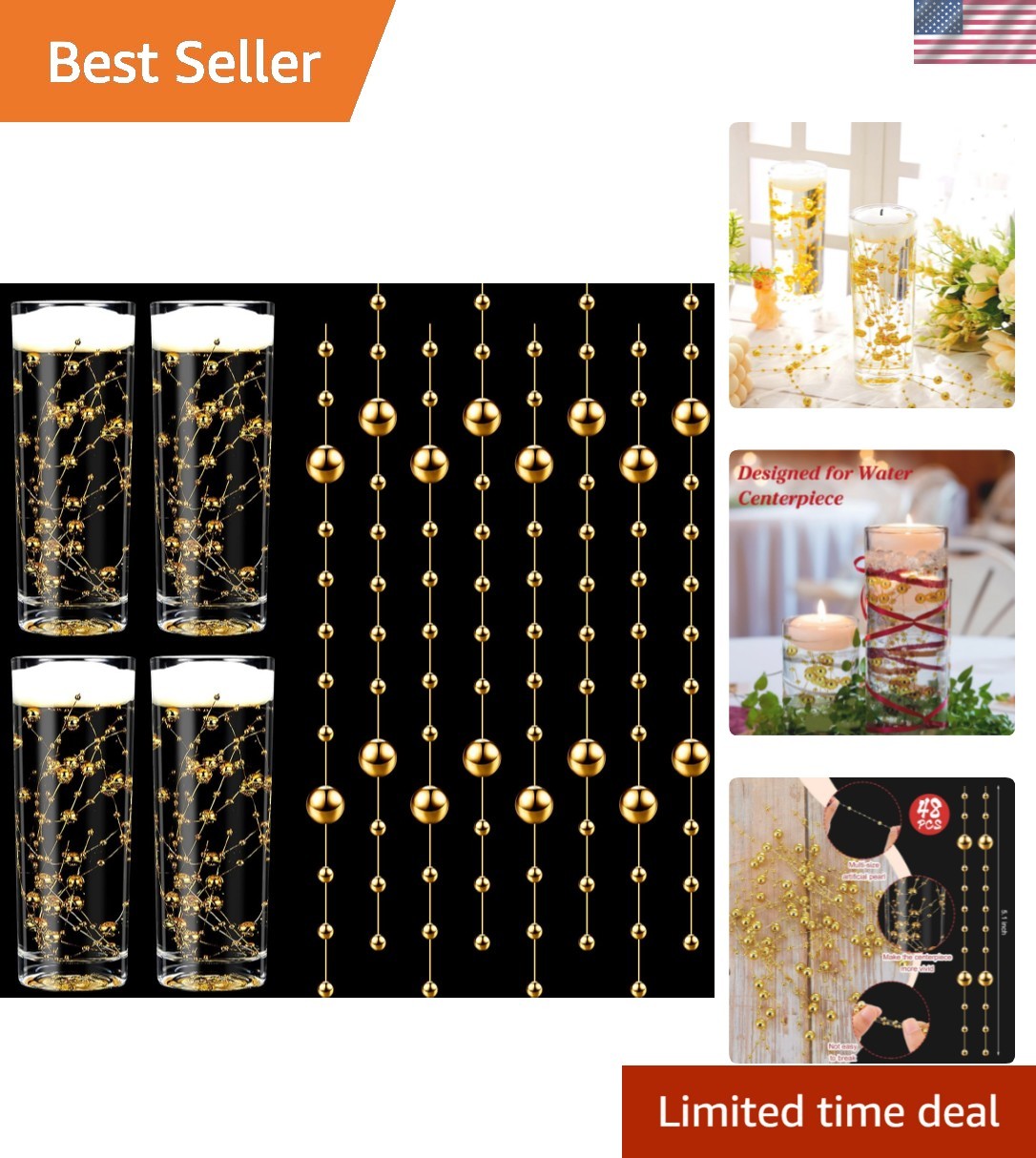 48 Pcs Gold Artificial Pearls – Perfect for Floating Candle Decor & Crafting