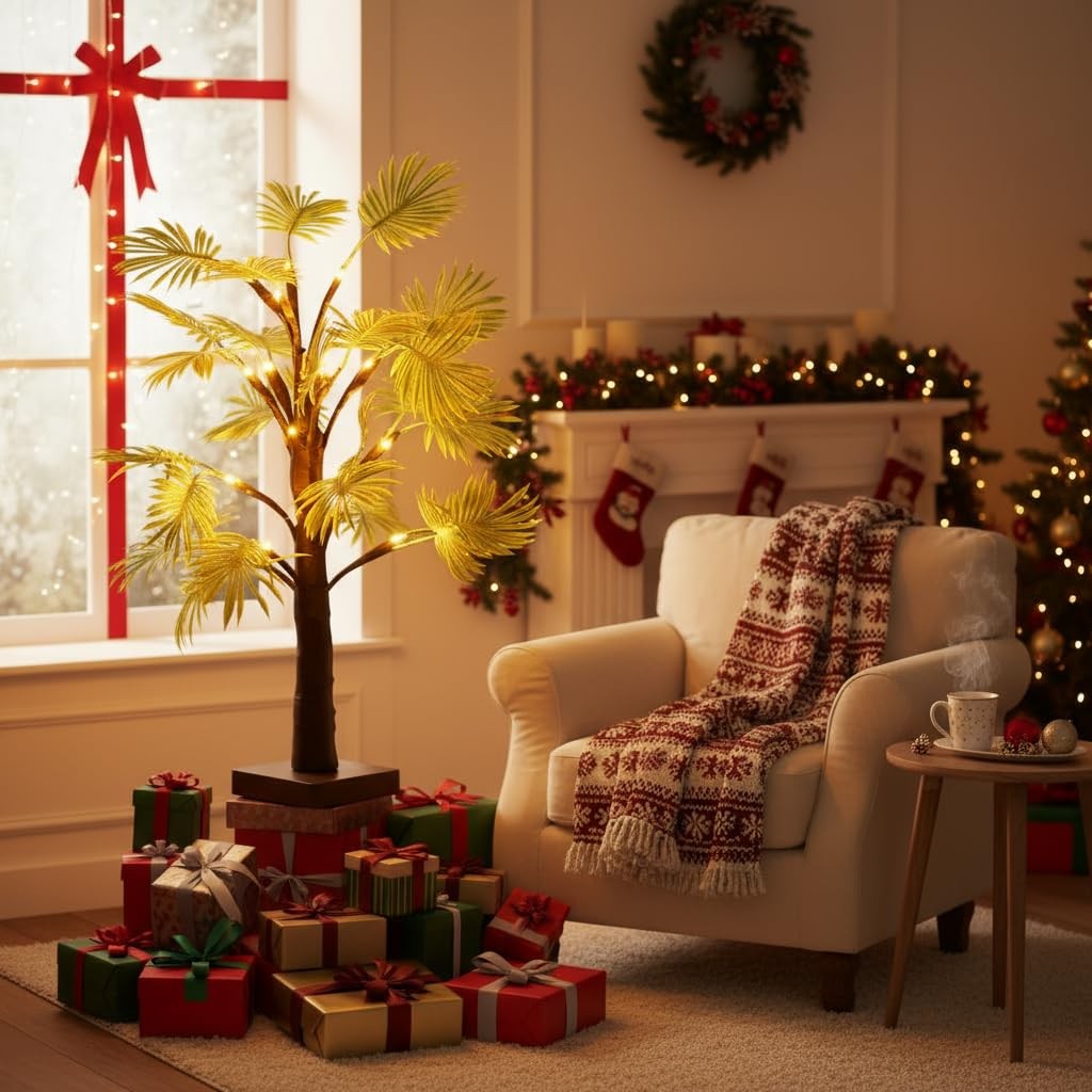 Lighted Trees for Indoor Decor, 24”2FT Lighted Palm Tree with LED Lights, Lighte