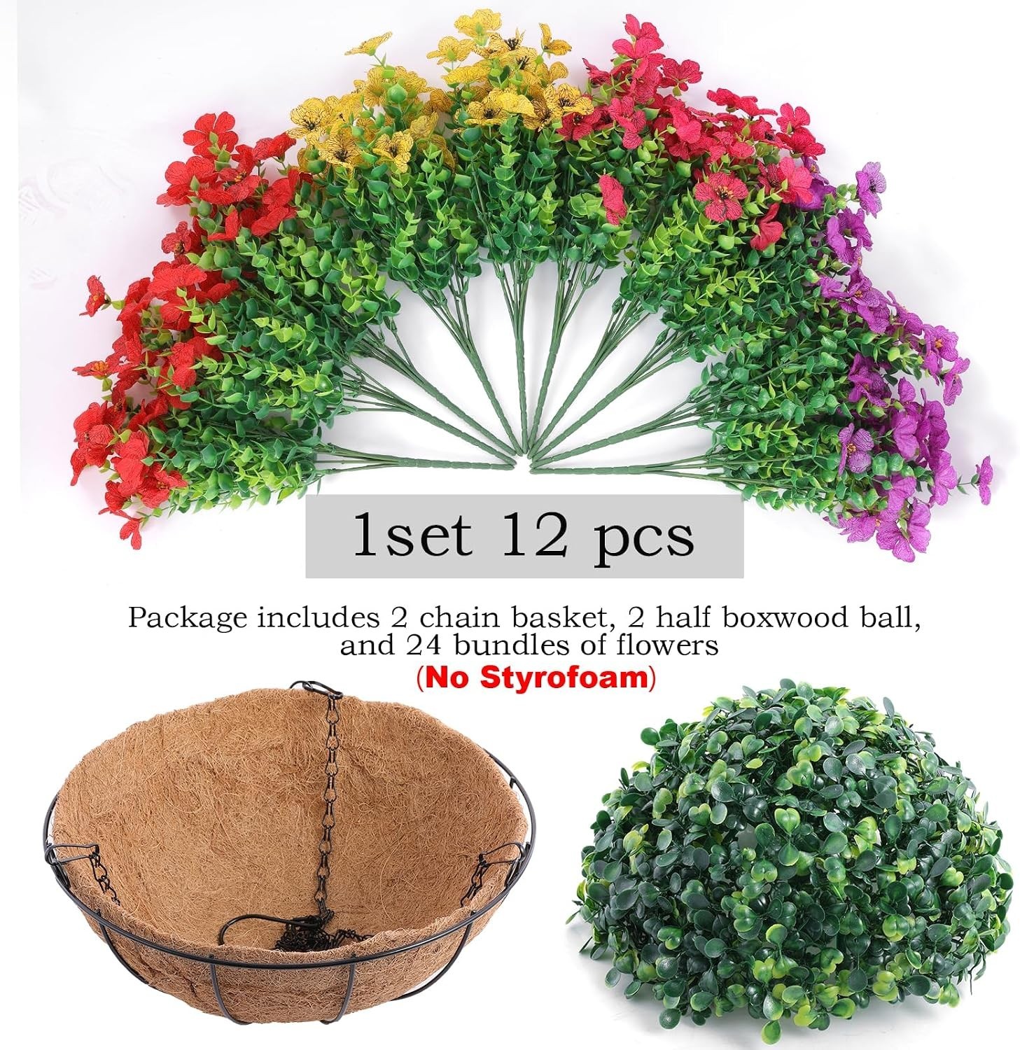 2 Hanging Planters with 24 Flowers, Red/Purple/Yellow