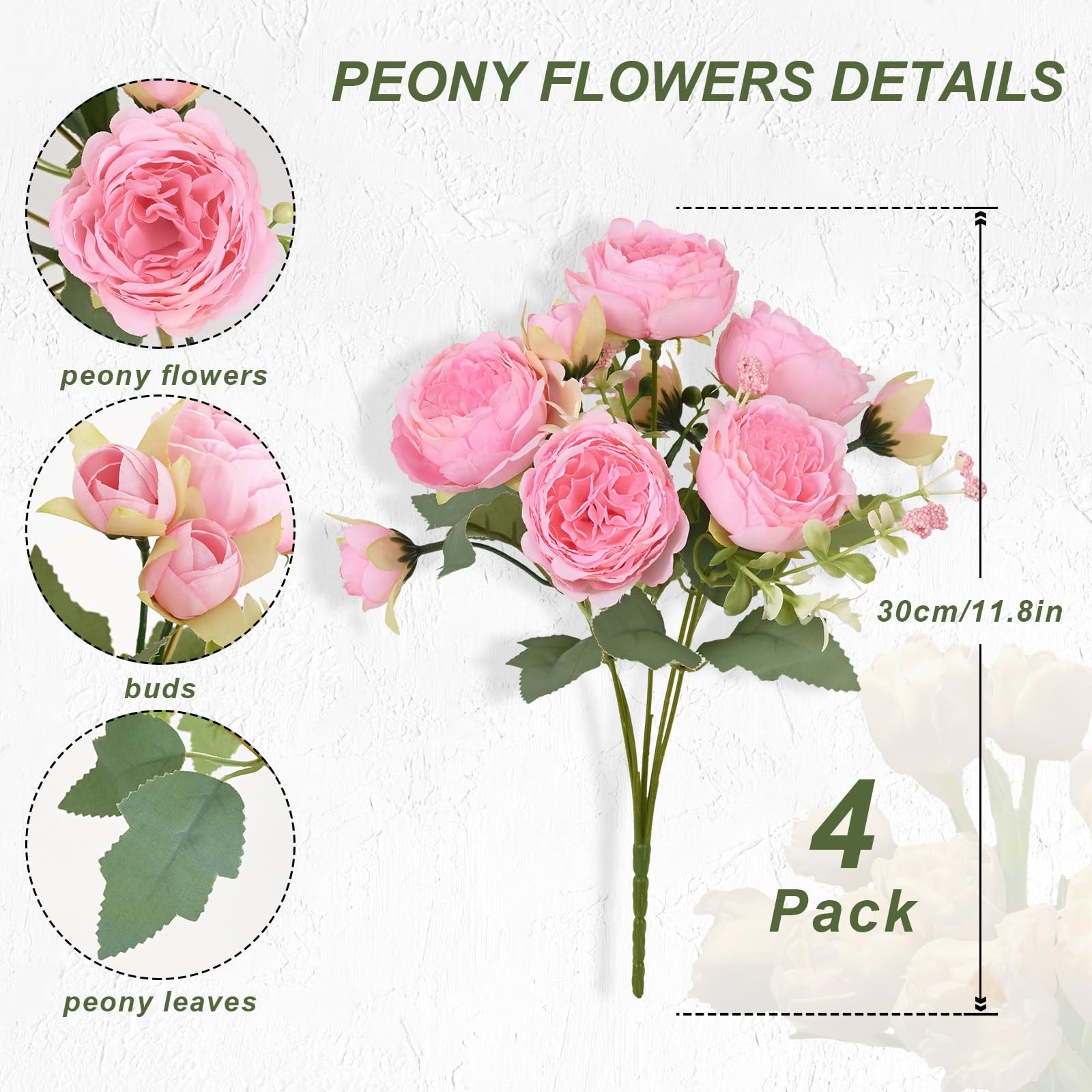 4 Packs Peonies Artificial Flowers, Light Pink Artificial Peonies, Silk Peoni…