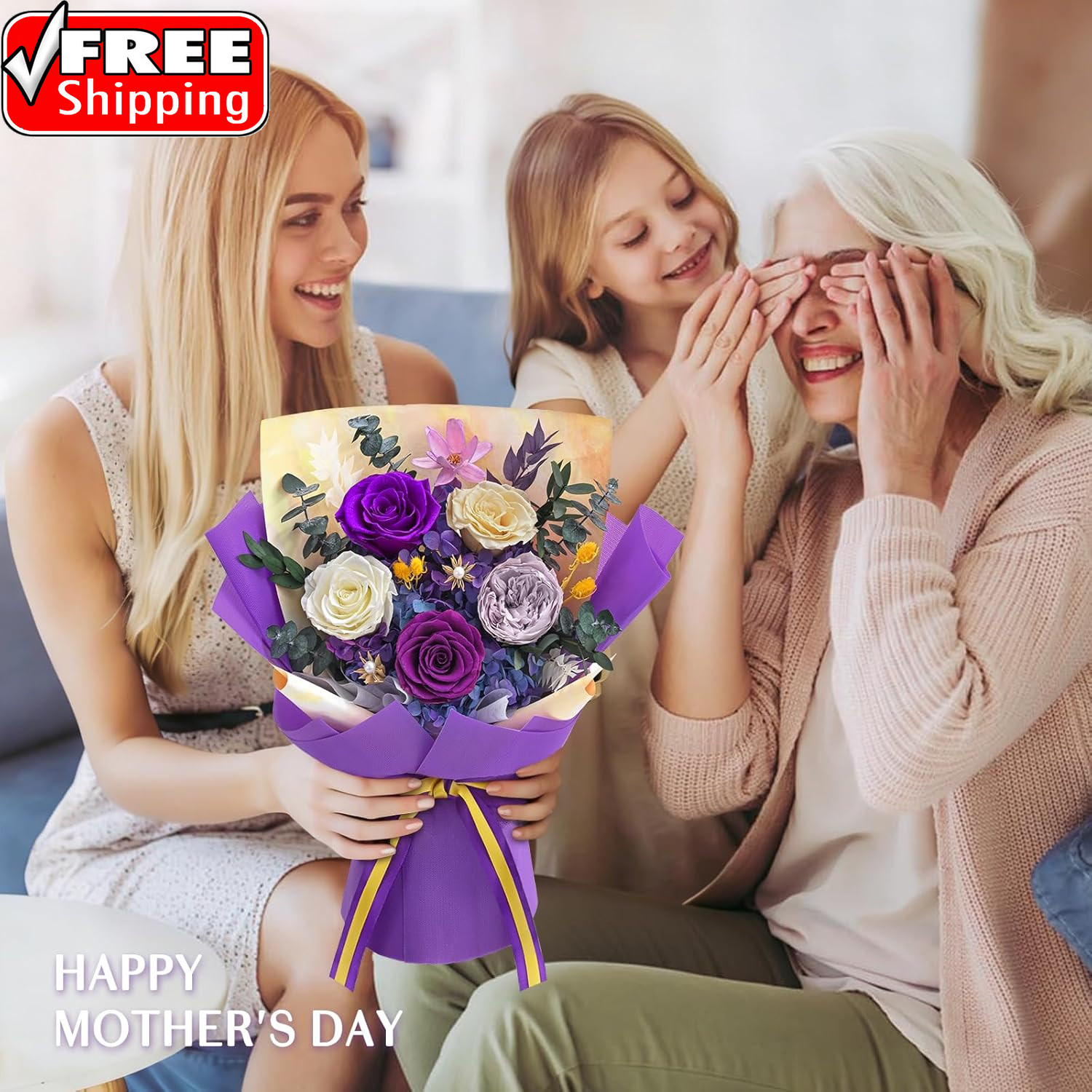 5 Pcs Glitter Purple Preserved Roses Flowers Bouquet, Forever Rose Flowers for D